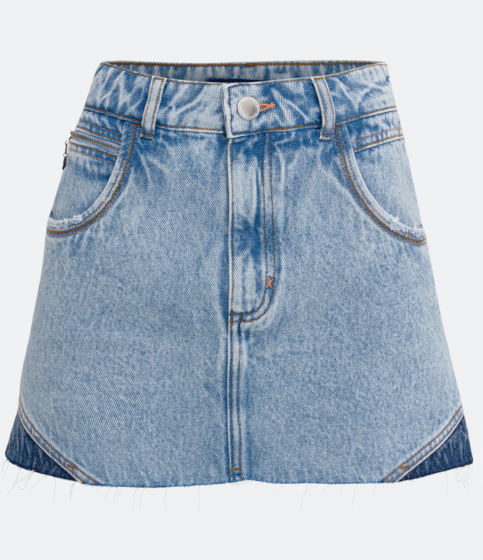 Saia Curta em Jeans com Bolso Relógio com Zíper e Blocos de Cor Azul 5
