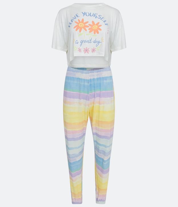 Pijama Largo en Viscolycra con Manga Corta y Estampado Flores y Rayas Blanco 5