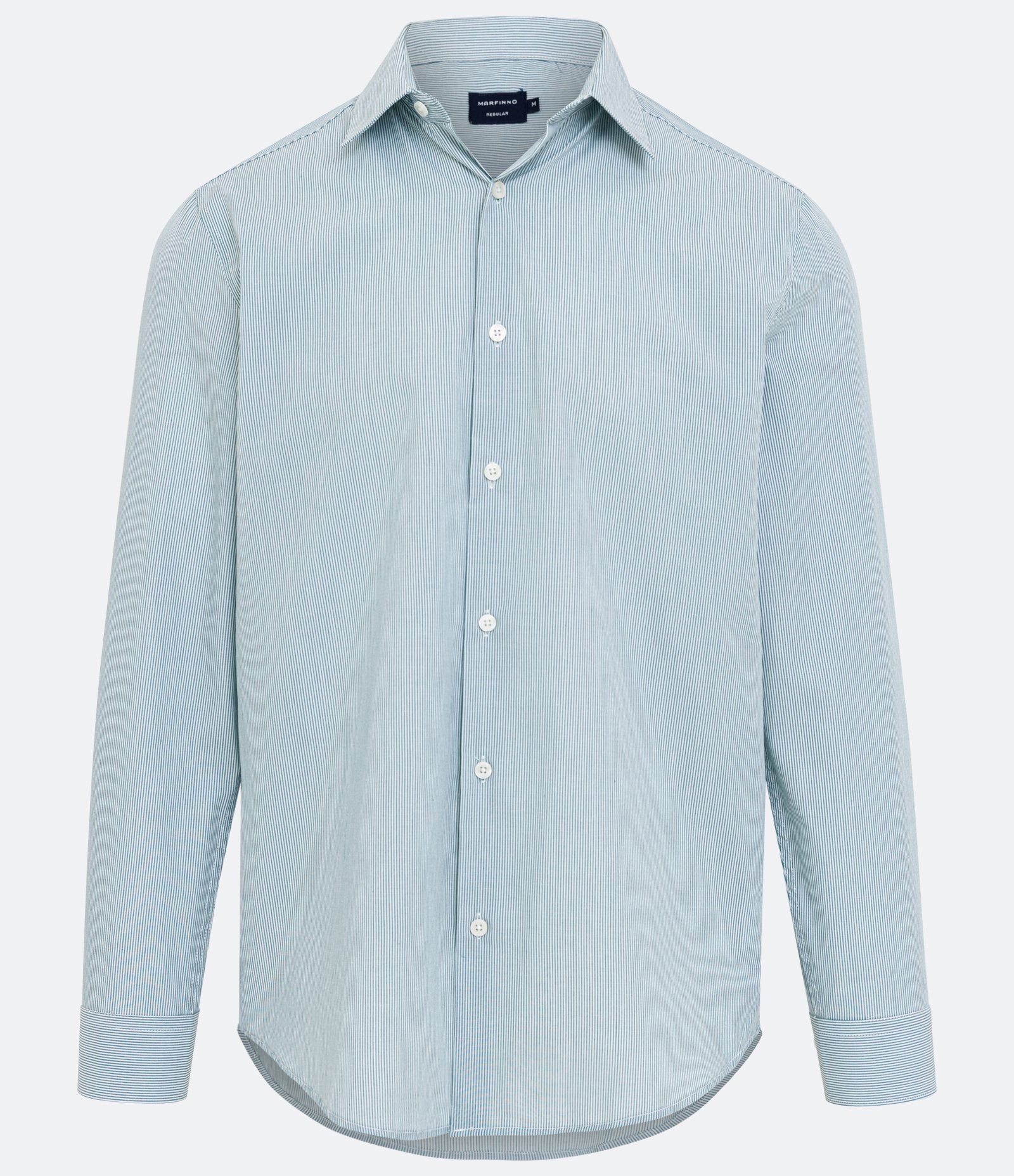 Camisa Slim em Tricoline com Listras e Manga Longa Azul Claro 7
