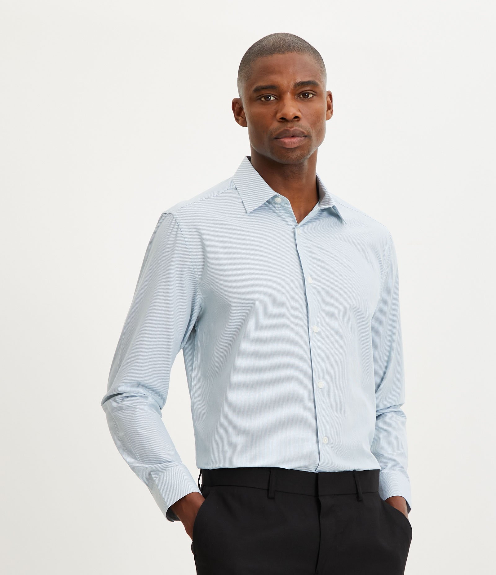 Camisa Slim em Tricoline com Listras e Manga Longa Azul Claro 1