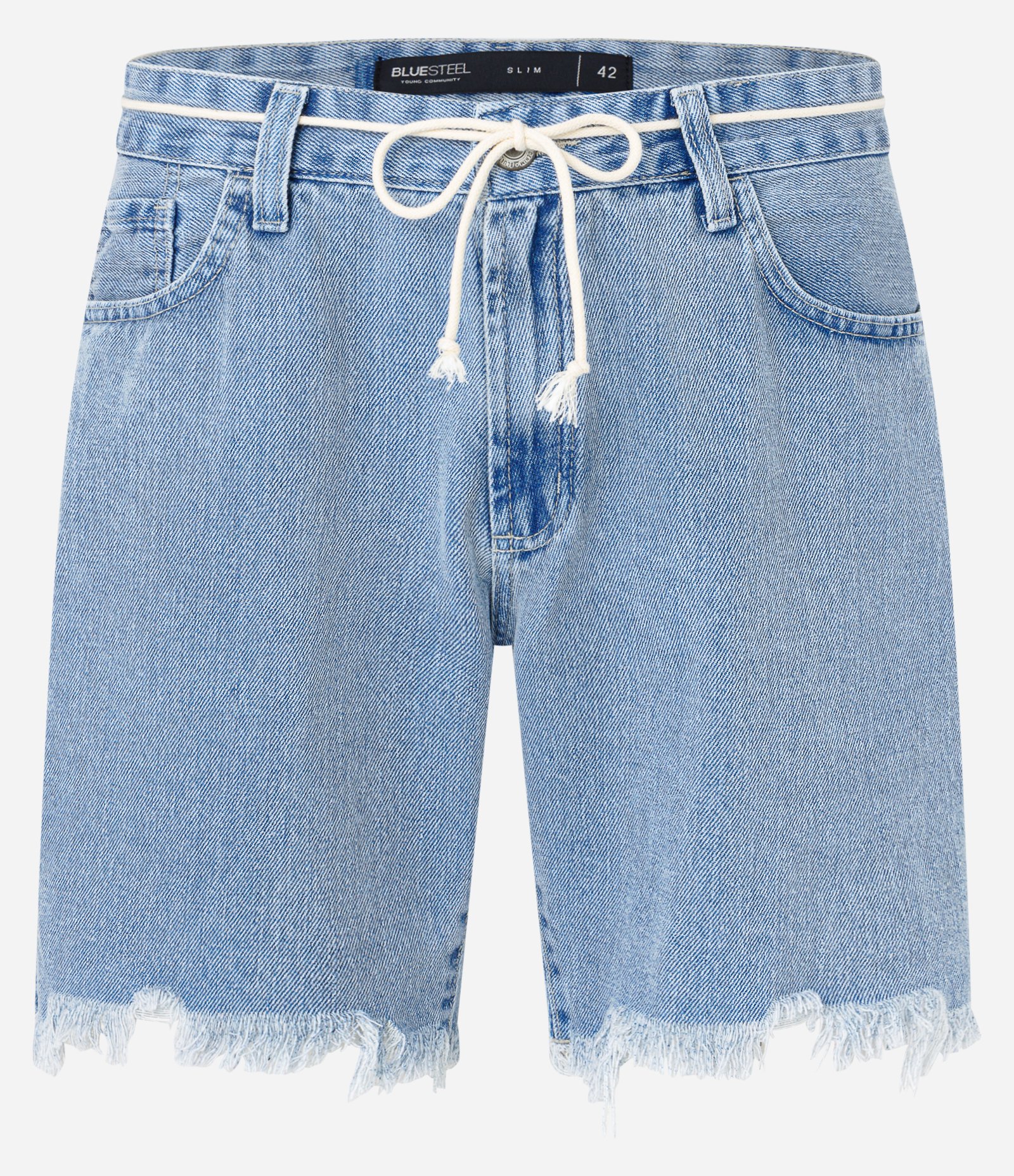 Bermuda Slim em Jeans com Cordão e Puídos na Barra Azul 1