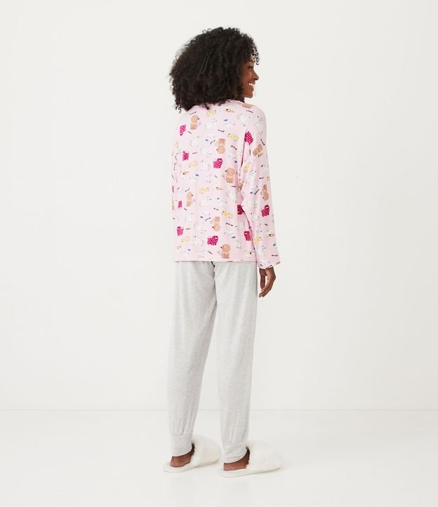 Pijama Largo en Viscolycra con Estampado Perritos Rosado 2
