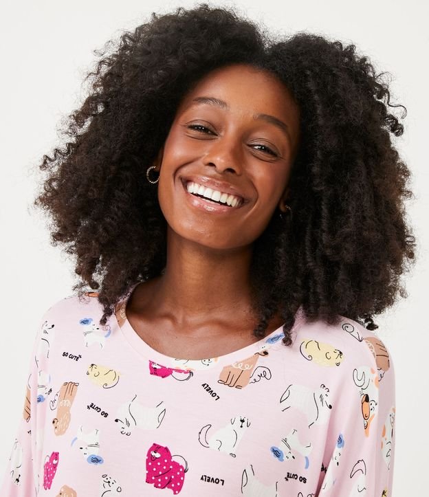 Pijama Largo en Viscolycra con Estampado Perritos Rosado 3