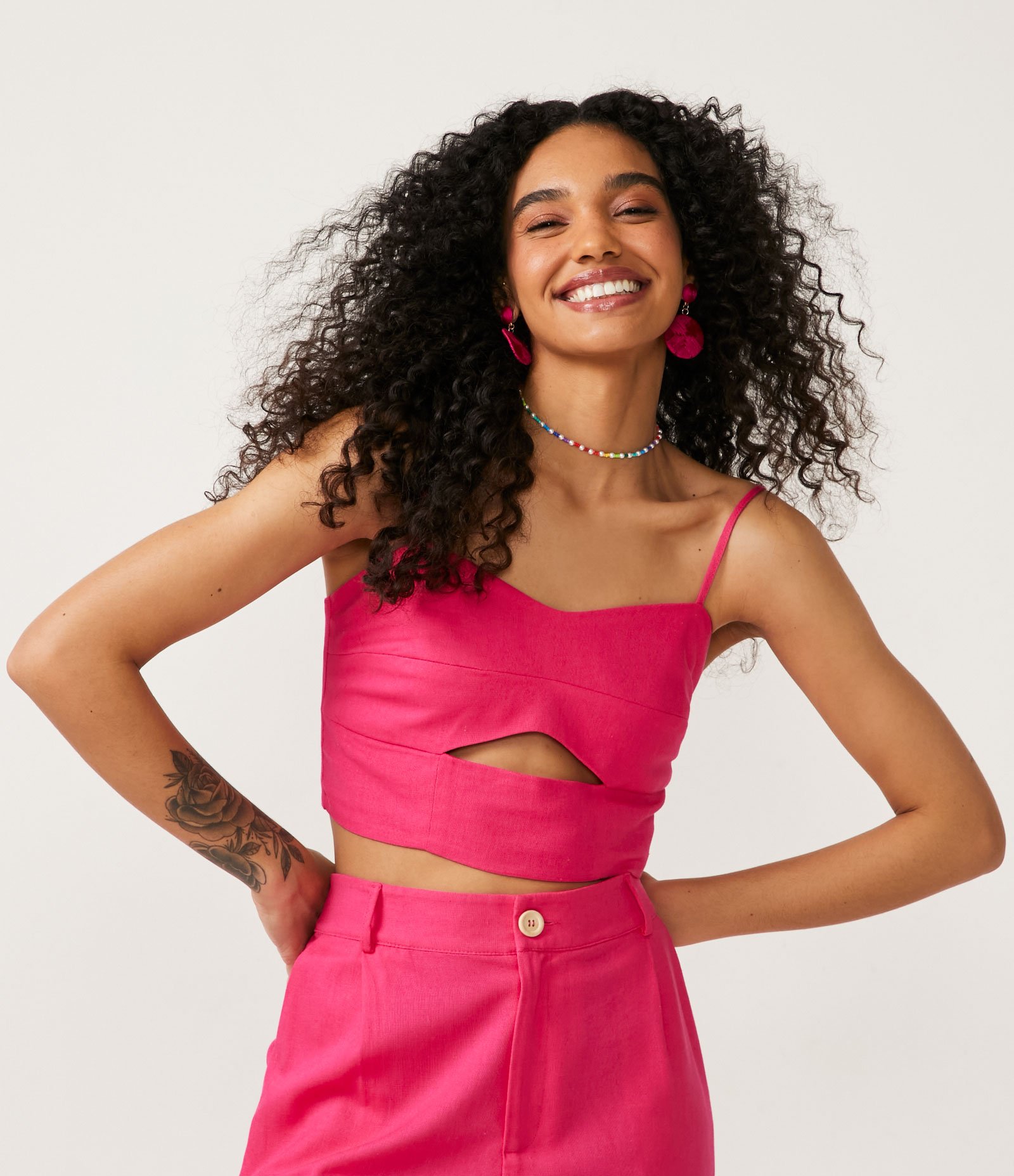 Blusa Regata Cropped com Vazado e Lastex Rosa 1