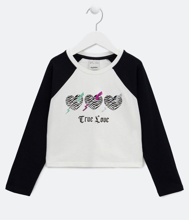 Blusa Infantil con Manga Raglán y Estampado Corazones de Cebra - Talle 5 a 14 años Blanco 1