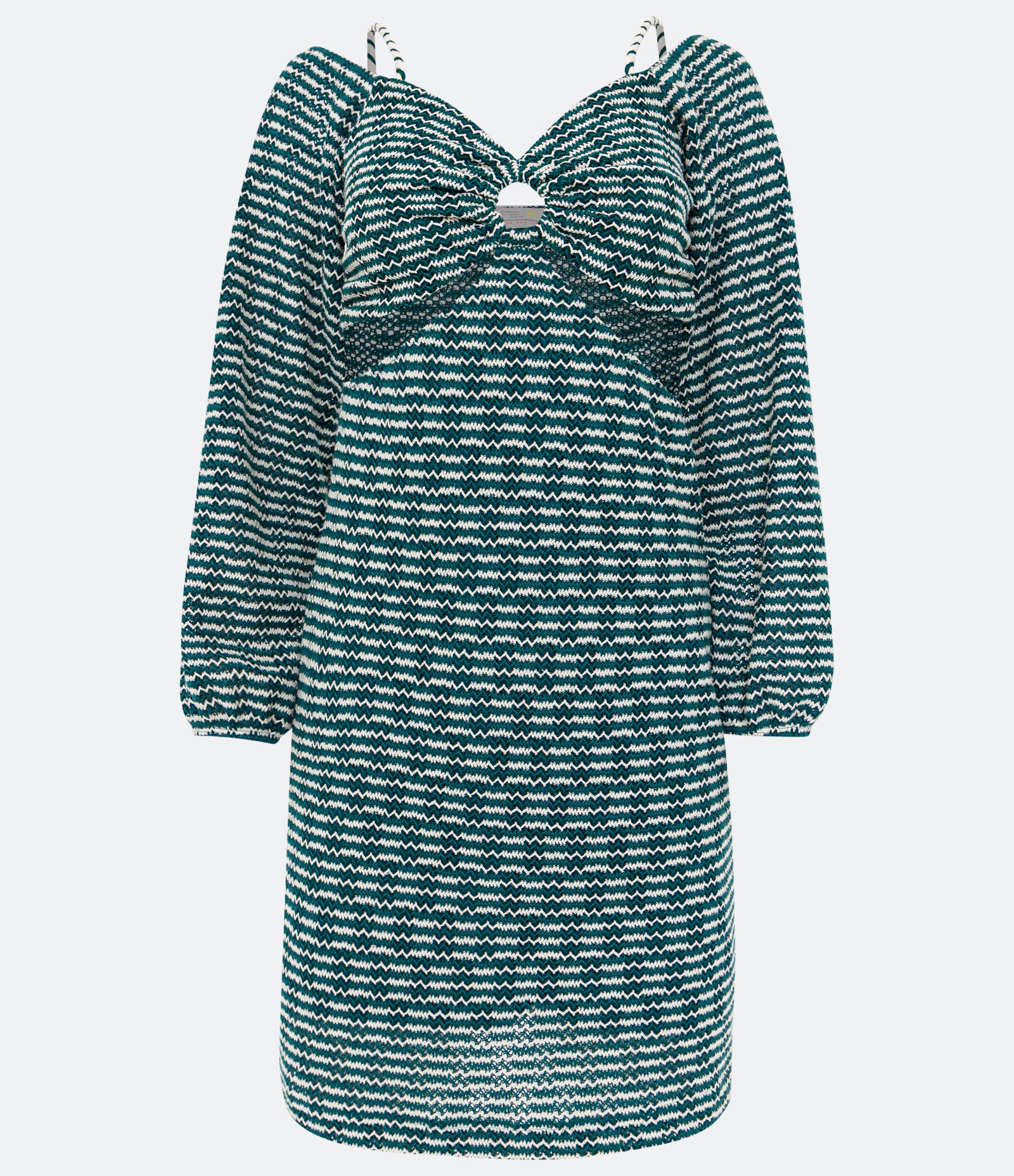 Vestido Curto em Tricô com Argola no Busto e Recortes Vazados Verde 1