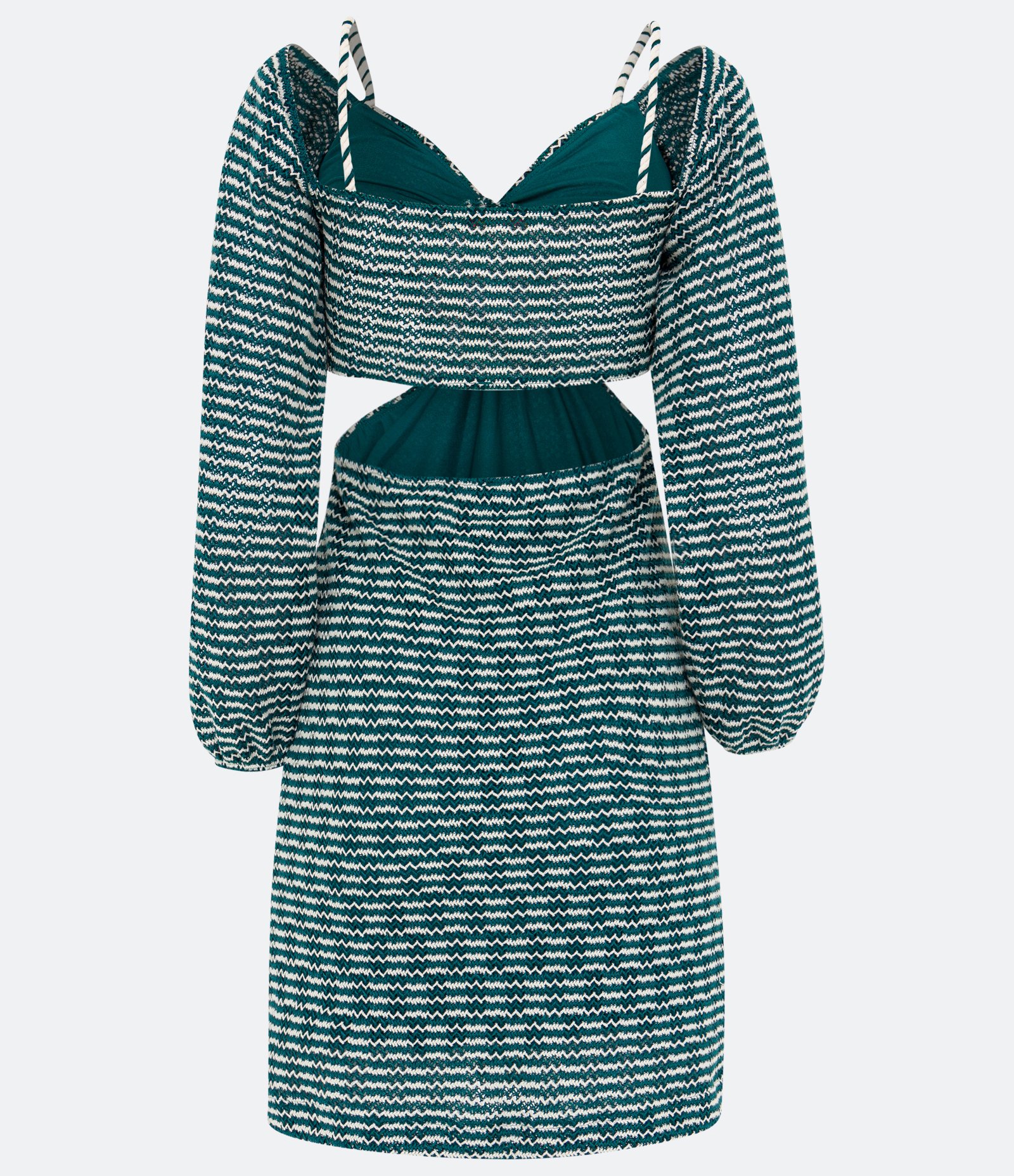 Vestido Curto em Tricô com Argola no Busto e Recortes Vazados Verde 2