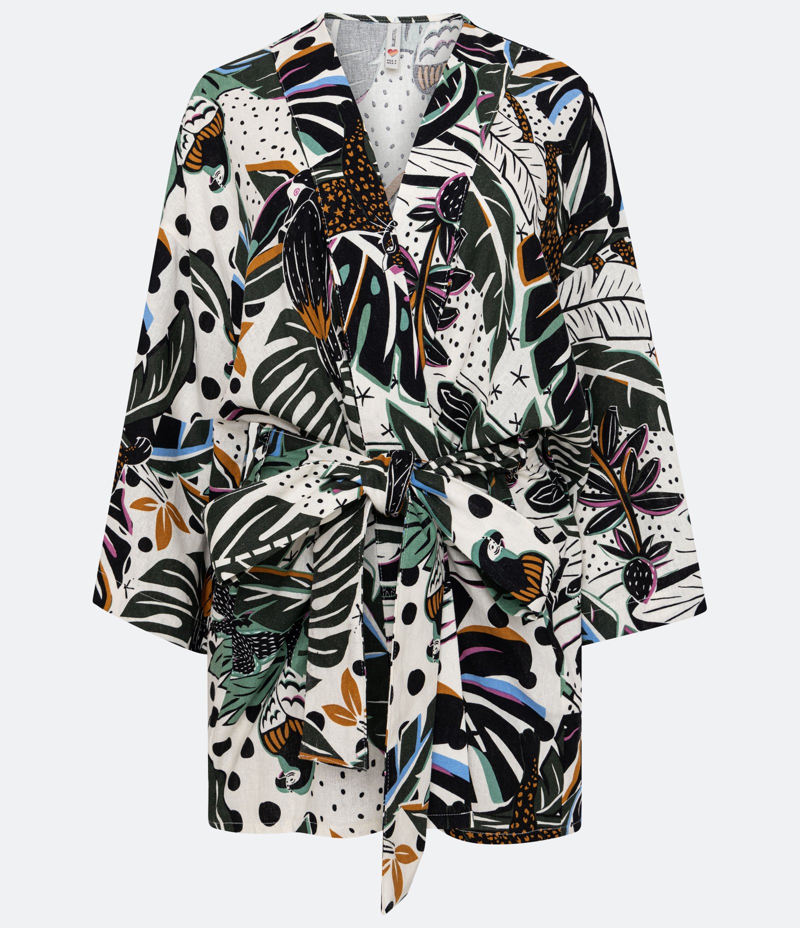 Kimono em Linho com Manga Ampla e Estampa de Folhagens e Tucanos Preto/Branco 6
