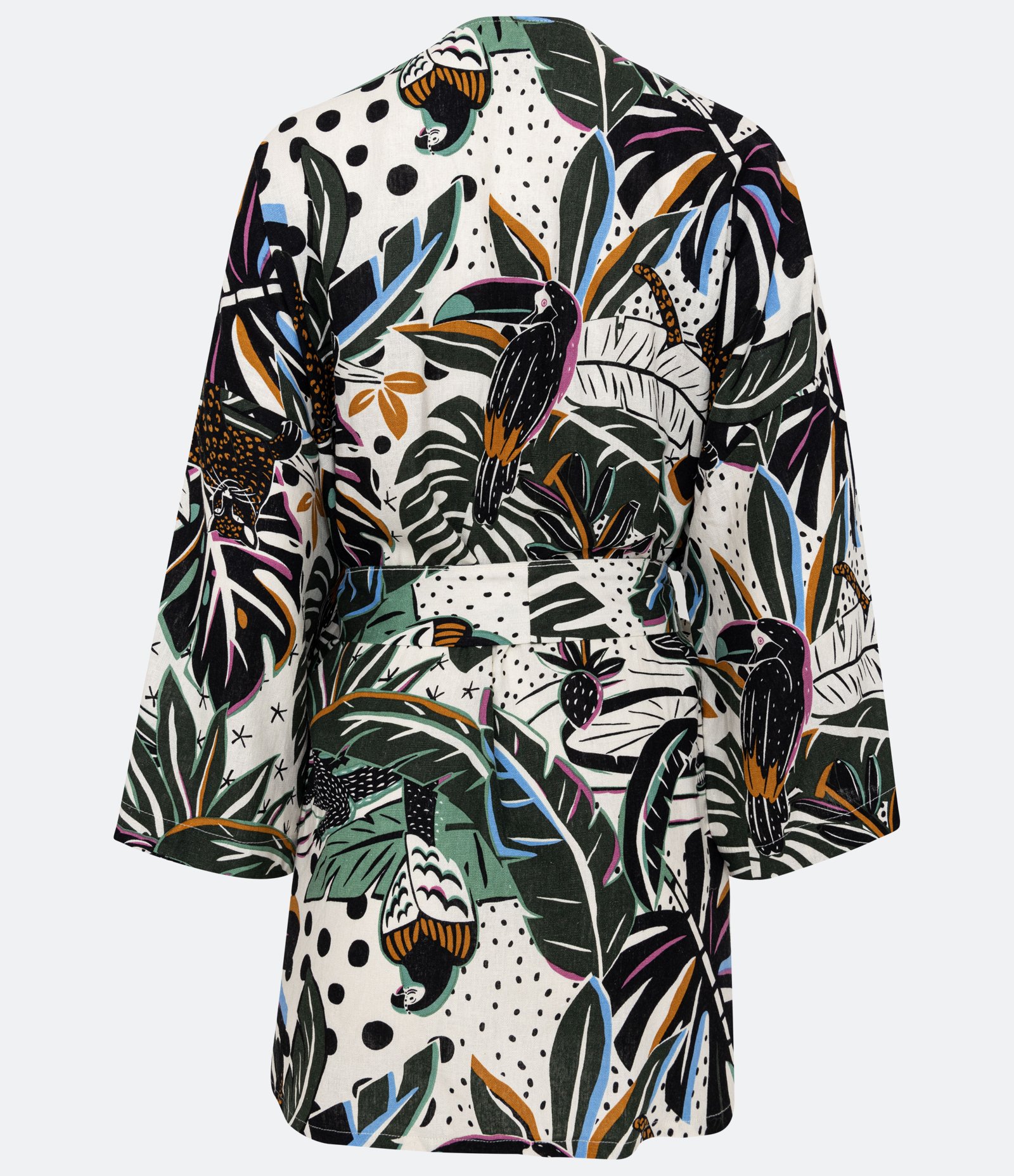 Kimono em Linho com Manga Ampla e Estampa de Folhagens e Tucanos Preto/Branco 7