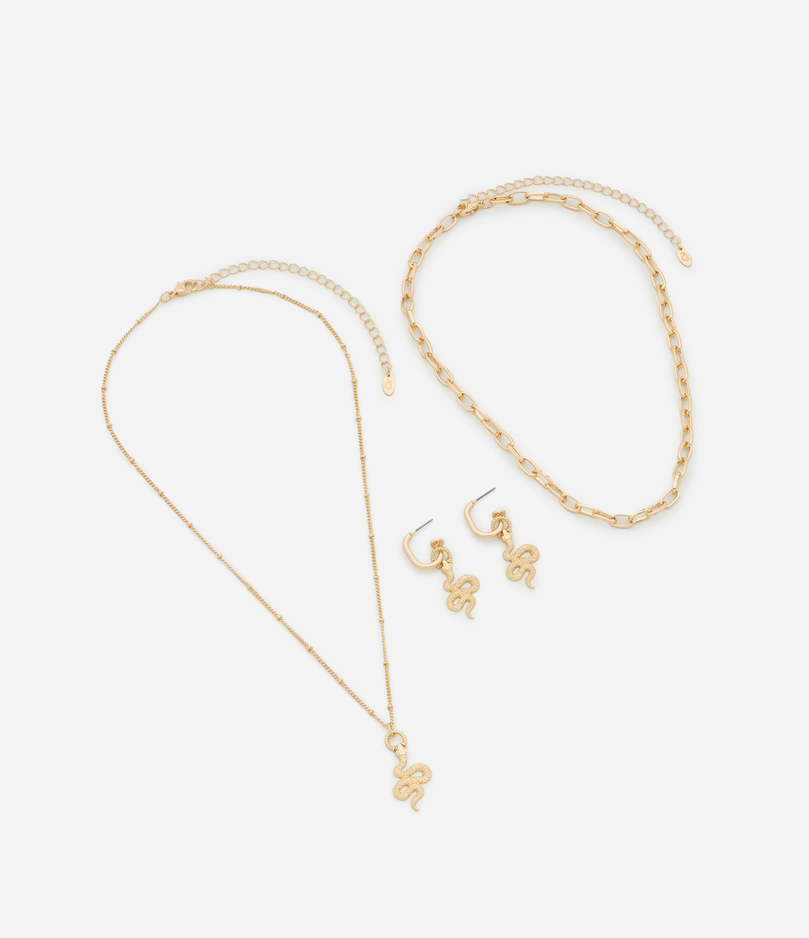 Conjunto Brinco e Colar em Metal com Pingente de Cobra Dourado 2