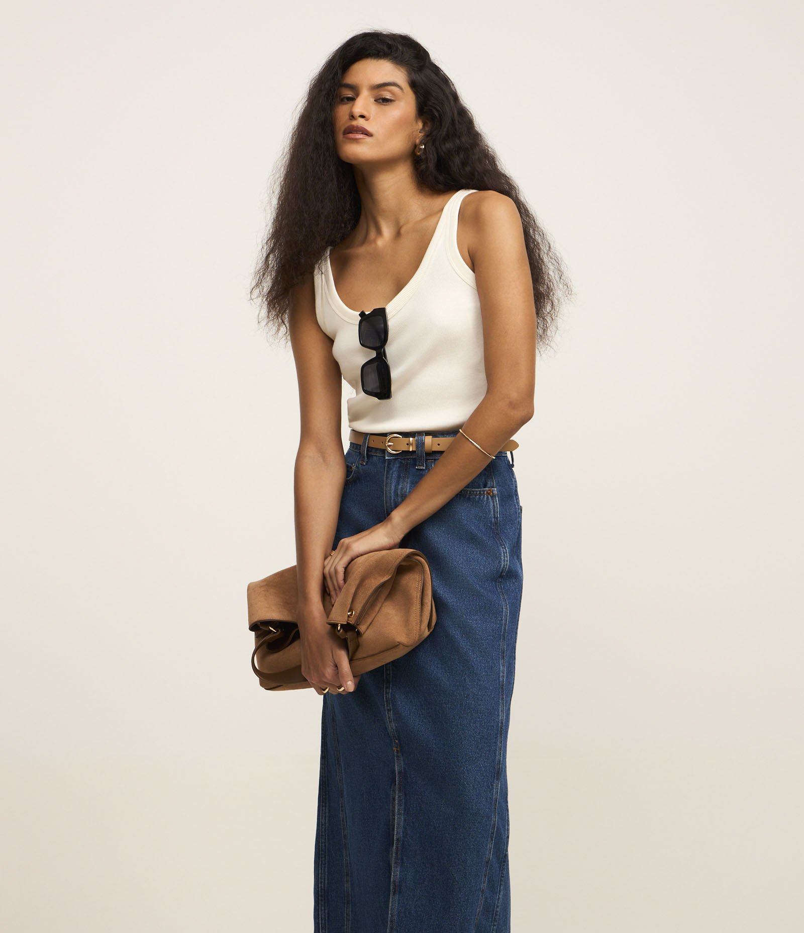 Saia Midi Jeans com Fenda Frontal e Costura Deslocada Azul 2