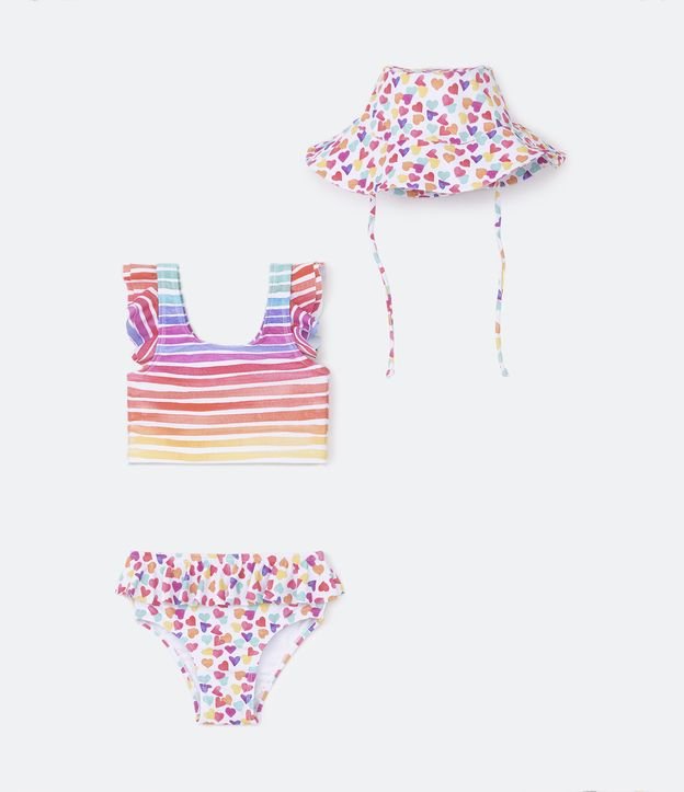 Bikini Infantil Con Estampado De Rayas Y Corazones Y Sombrero A