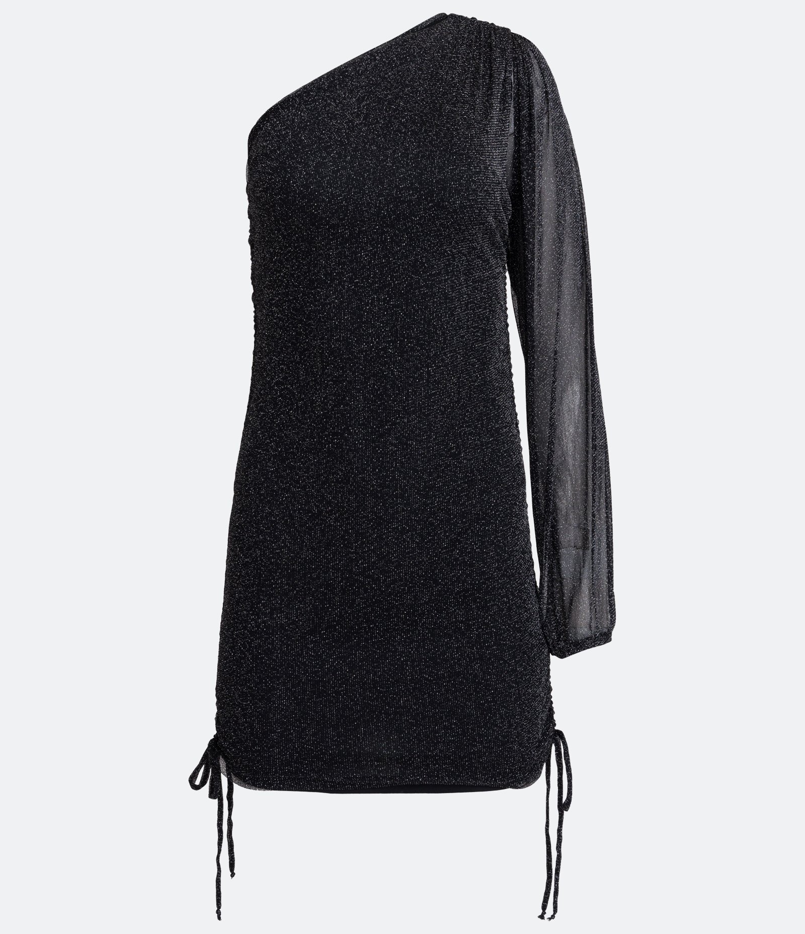 Vestido Curto em Tule com Ombro Só e Detalhe Franzido na Lateral Preto 1