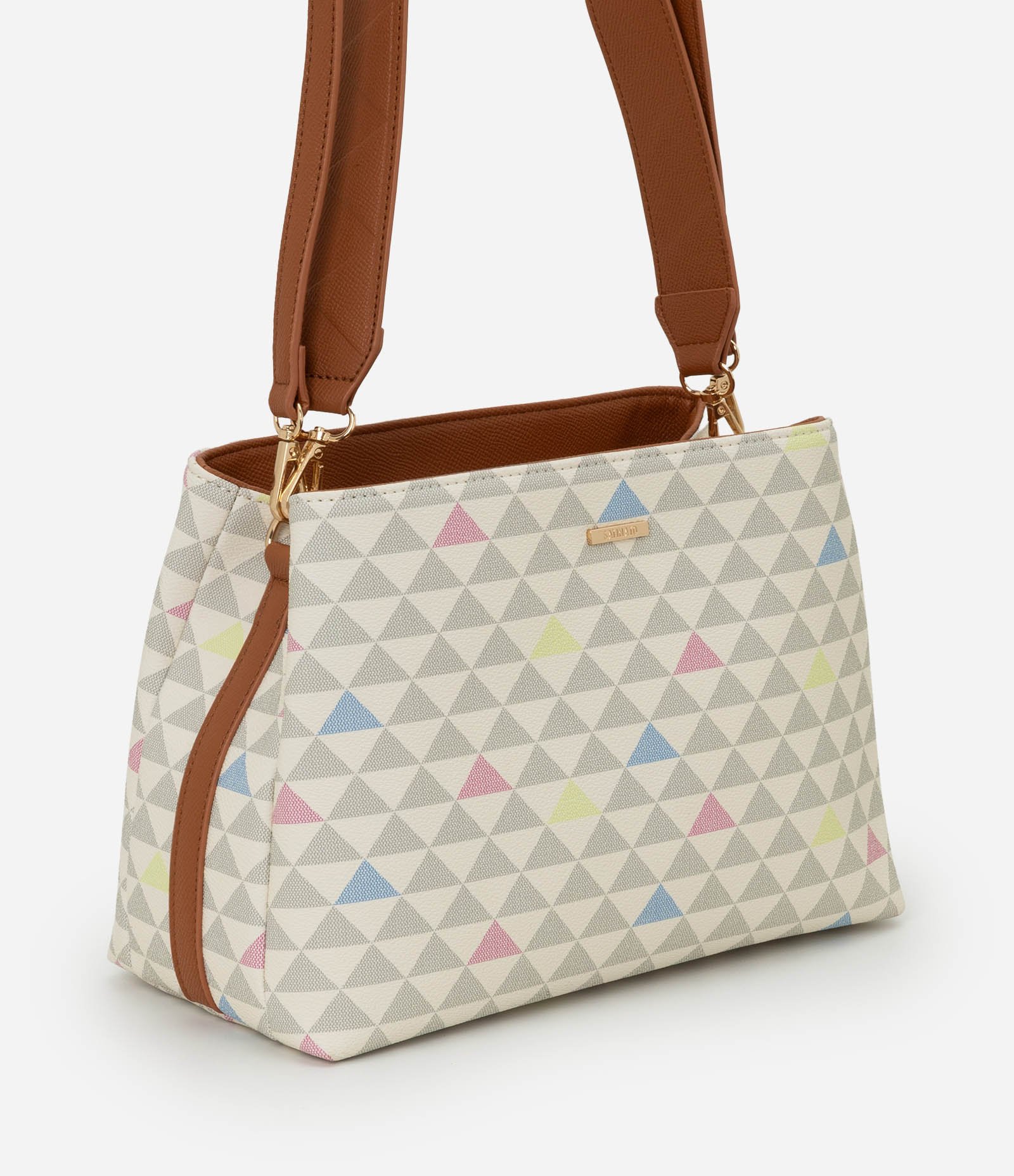 Bolsa Transversal Média com Alça e Estampa Triângulos Multicores 2
