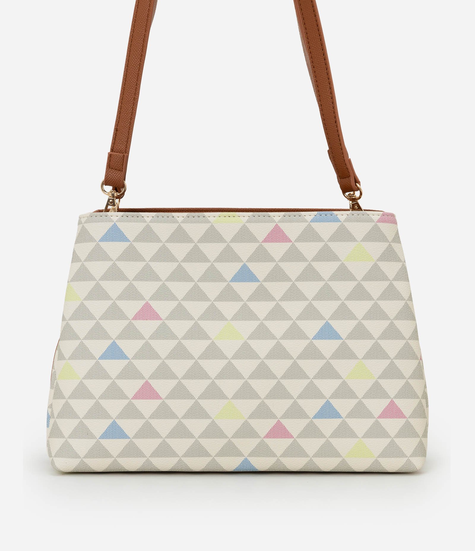 Bolsa Transversal Média com Alça e Estampa Triângulos Multicores 4