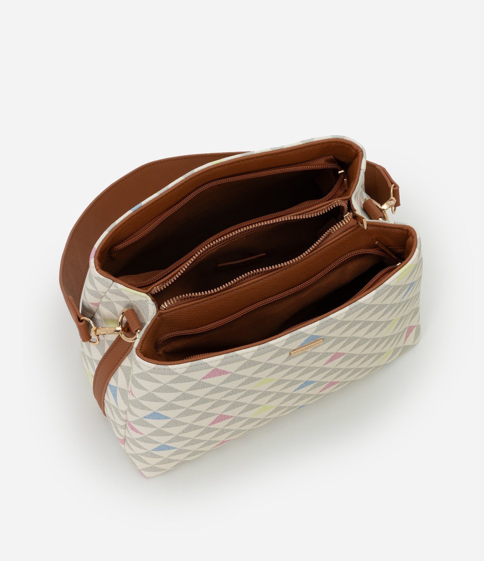 Bolsa Transversal Média com Alça e Estampa Triângulos Multicores 6