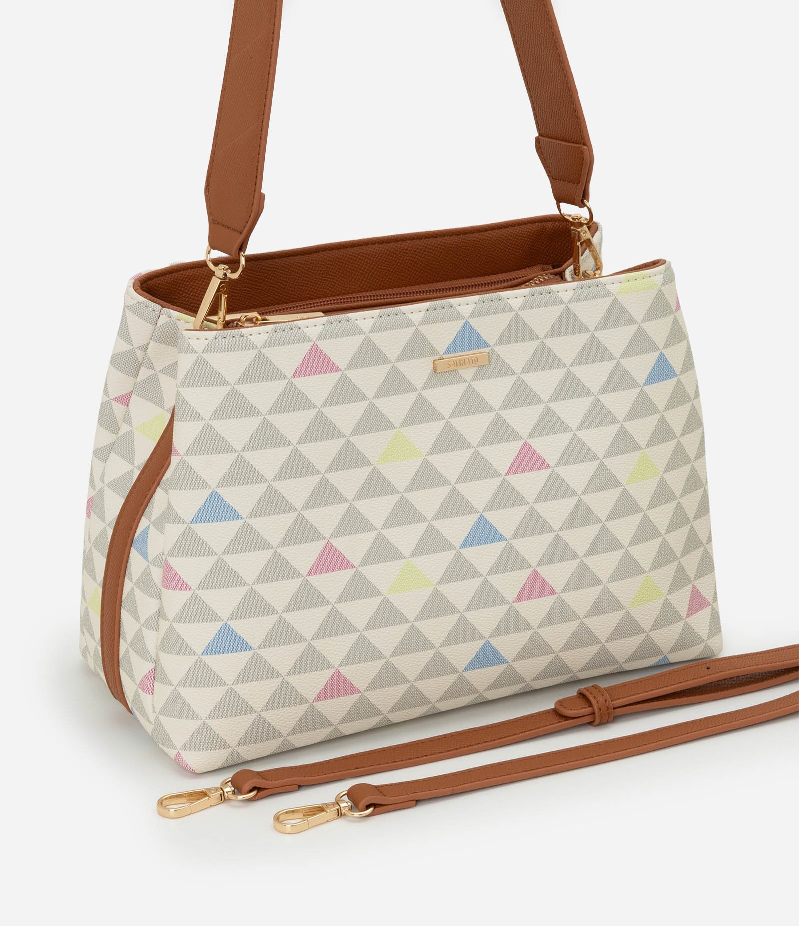 Bolsa Transversal Média com Alça e Estampa Triângulos Multicores 7