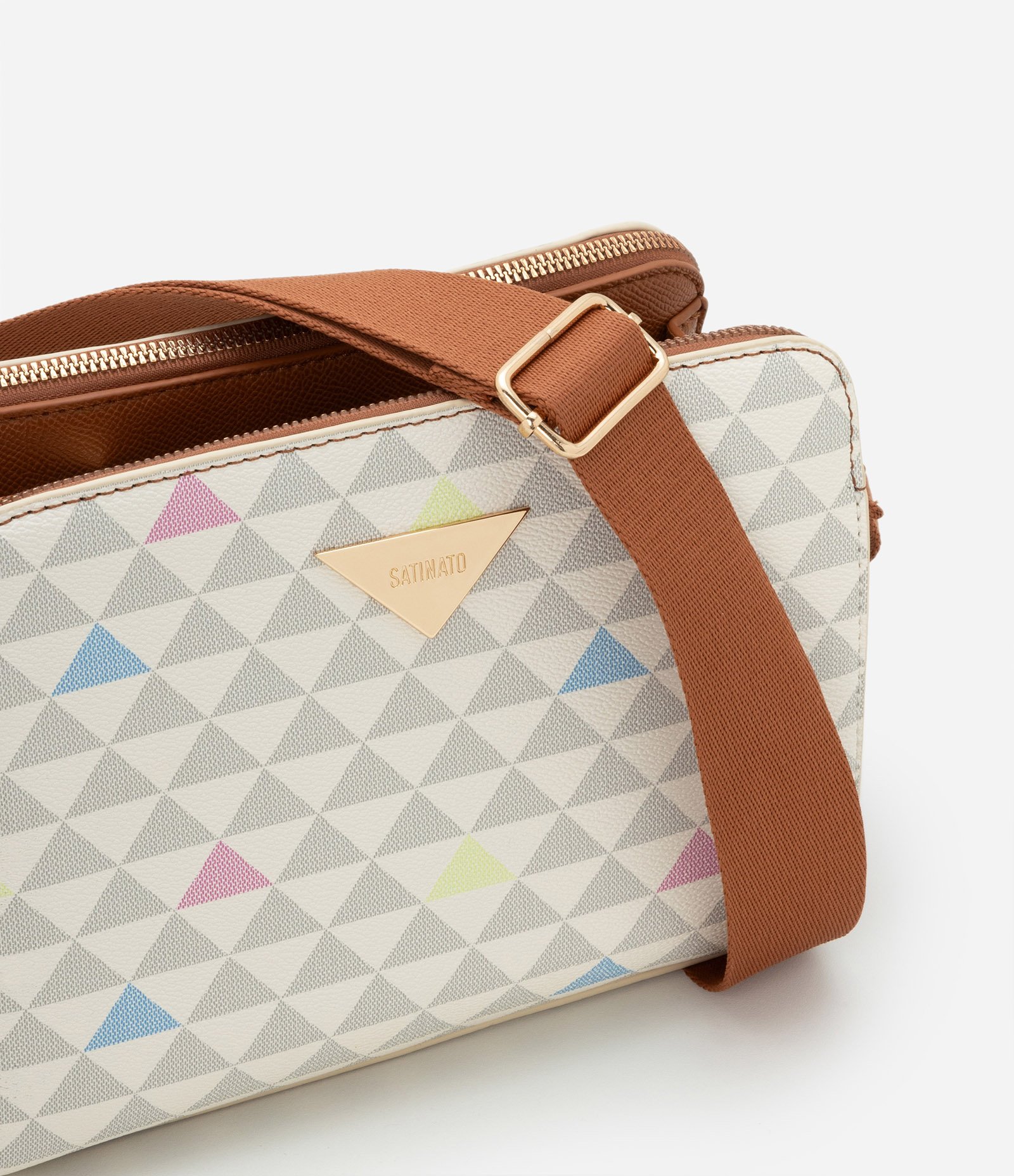 Bolsa Transversal Média com Alça e Estampa Triângulos Multicores 8