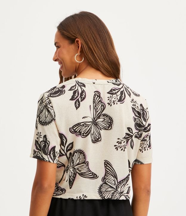 Blusa Cropped Em Ribana Estampa Flores E Borboletas Bege