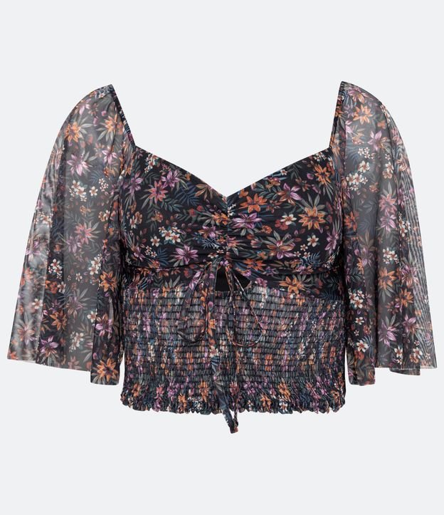 Blusa Cropped Em Tule Lastex E Estampa Floral Preto