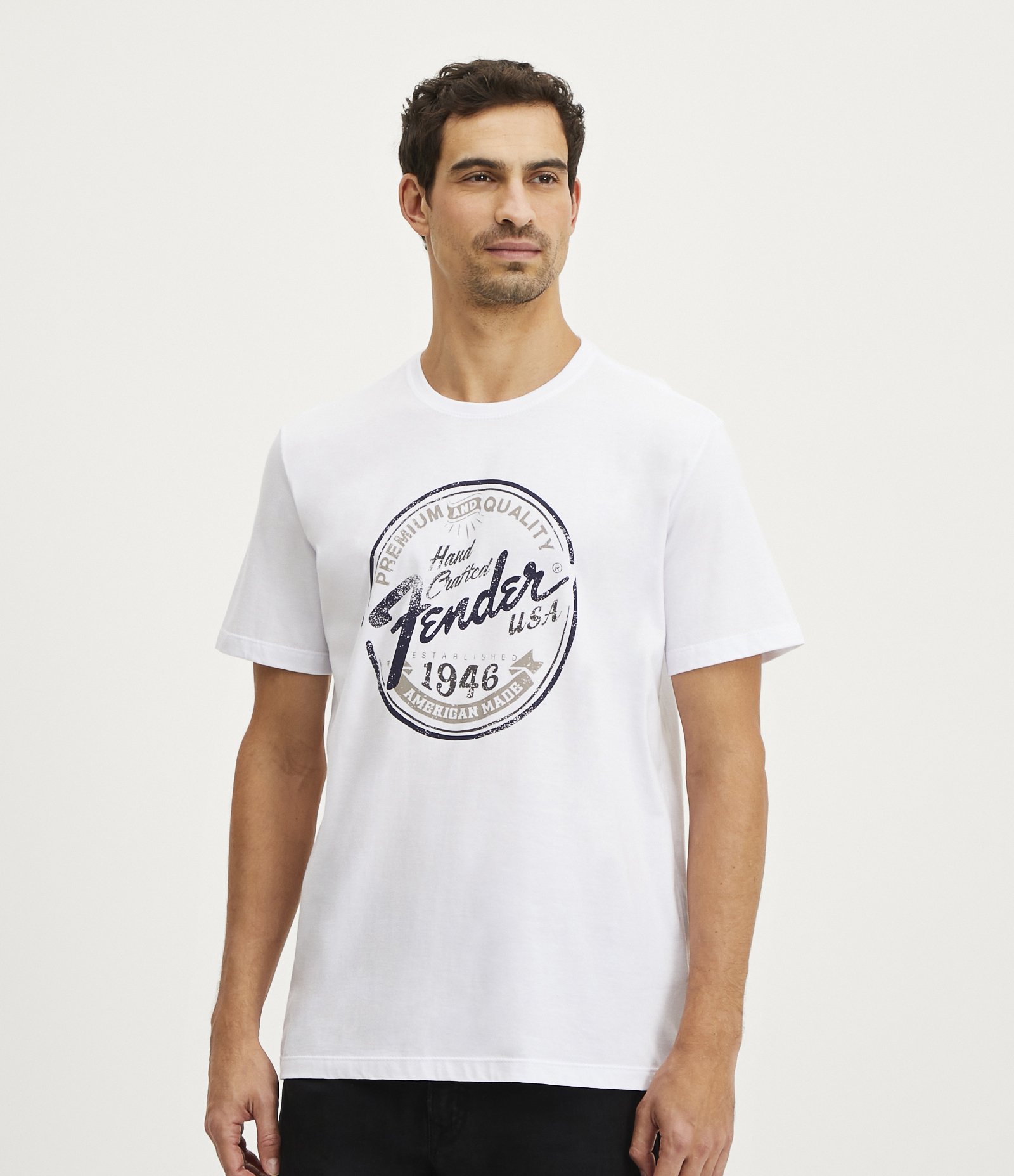 Camiseta Comfort em Algodão Estampa Fender Branco