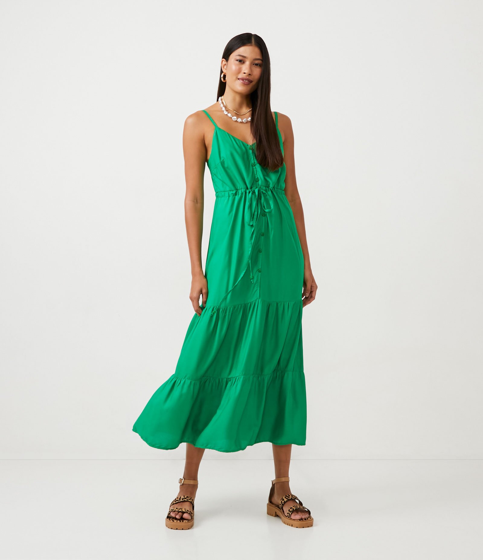 Vestido New Midi em Viscose com Botões e Babado na Barra Verde 1