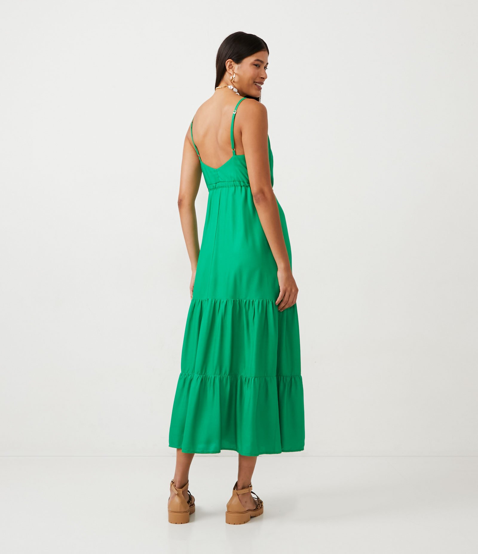 Vestido New Midi em Viscose com Botões e Babado na Barra Verde 2