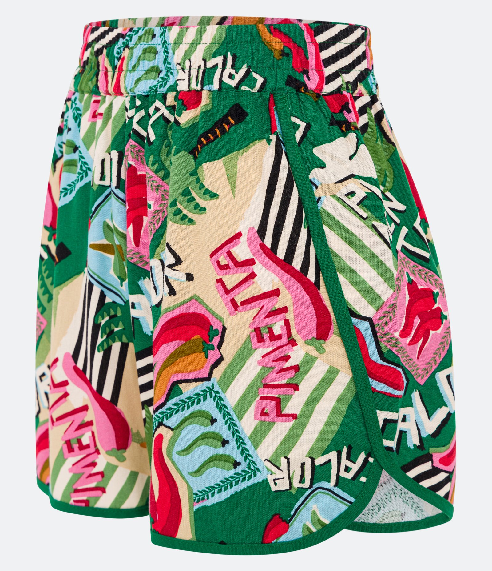 Short Curto em Linho com Viés Contrastante e Estampa de Pimentinhas Verde 2