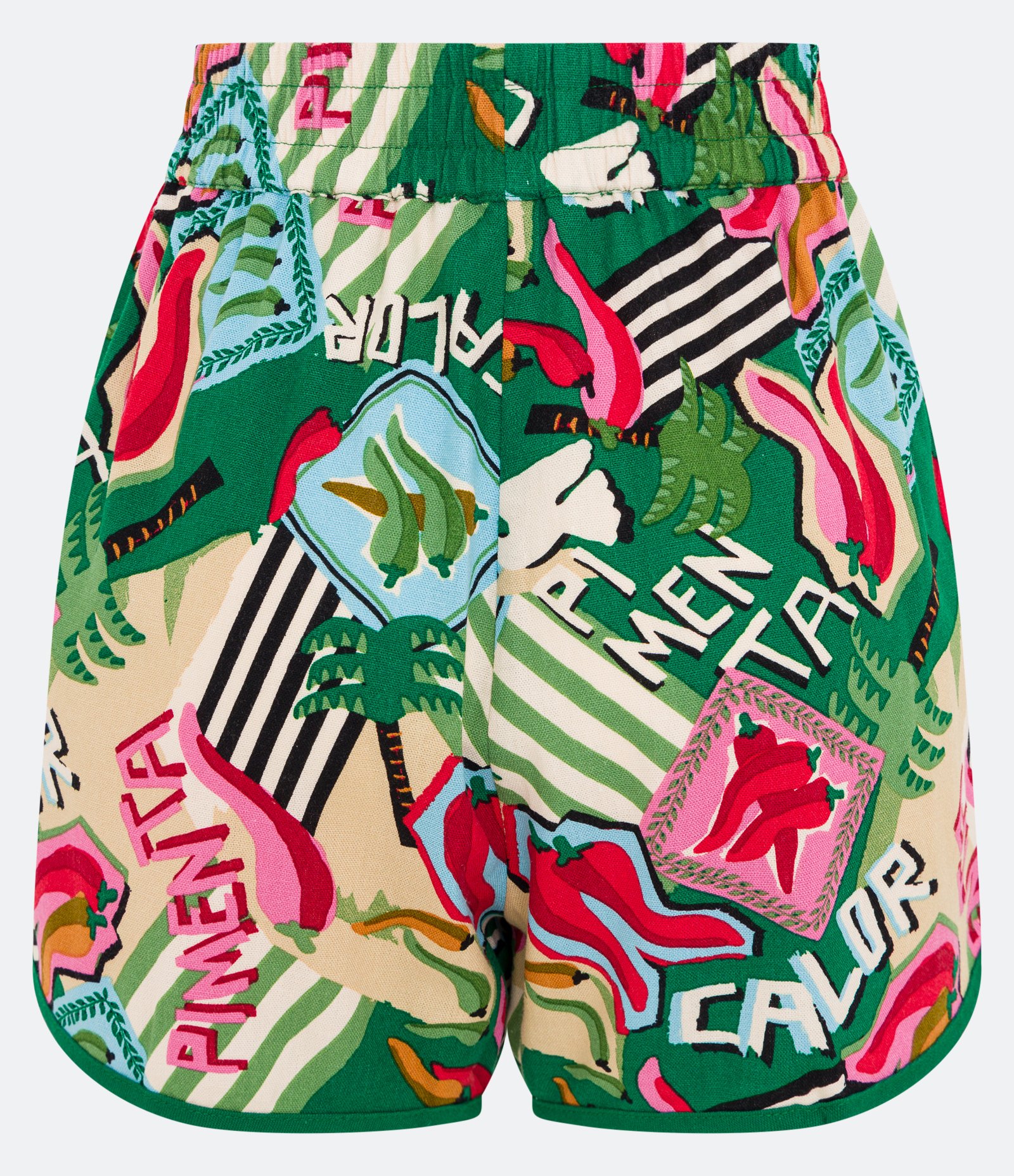 Short Curto em Linho com Viés Contrastante e Estampa de Pimentinhas Verde 3