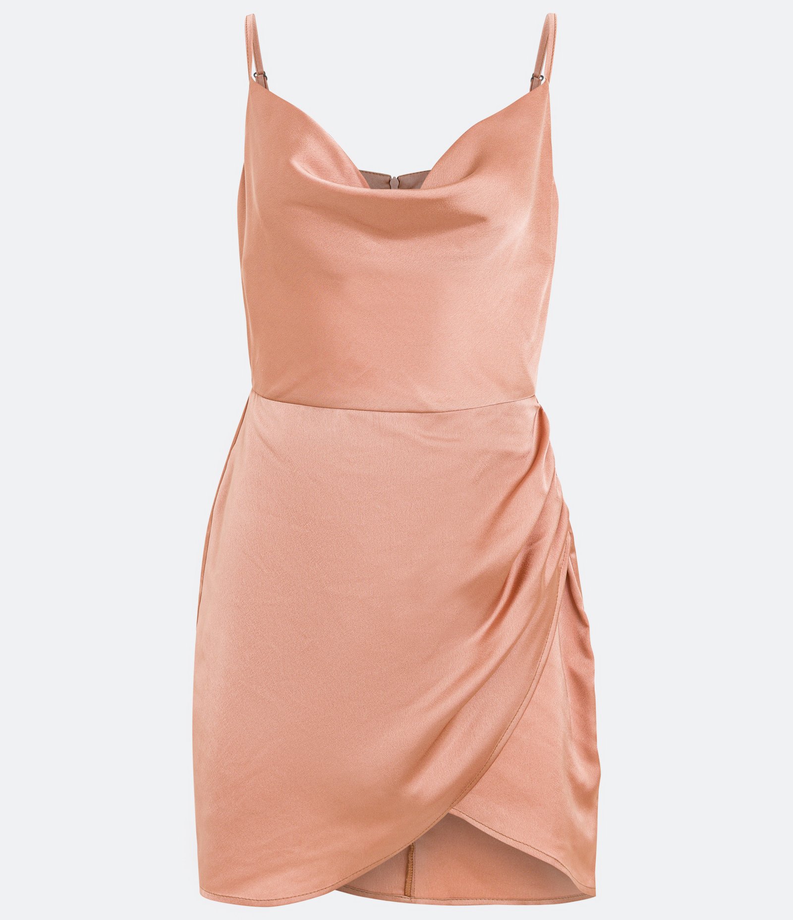 Vestido Curto de Alça em Cetim com Decote Degagê e Franzidos Dourado Rose 5