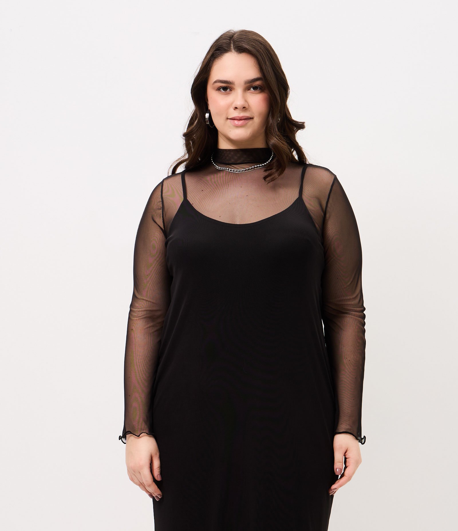 Vestido Midi em Tule com Manga Longa Curve & Plus Size Preto 3