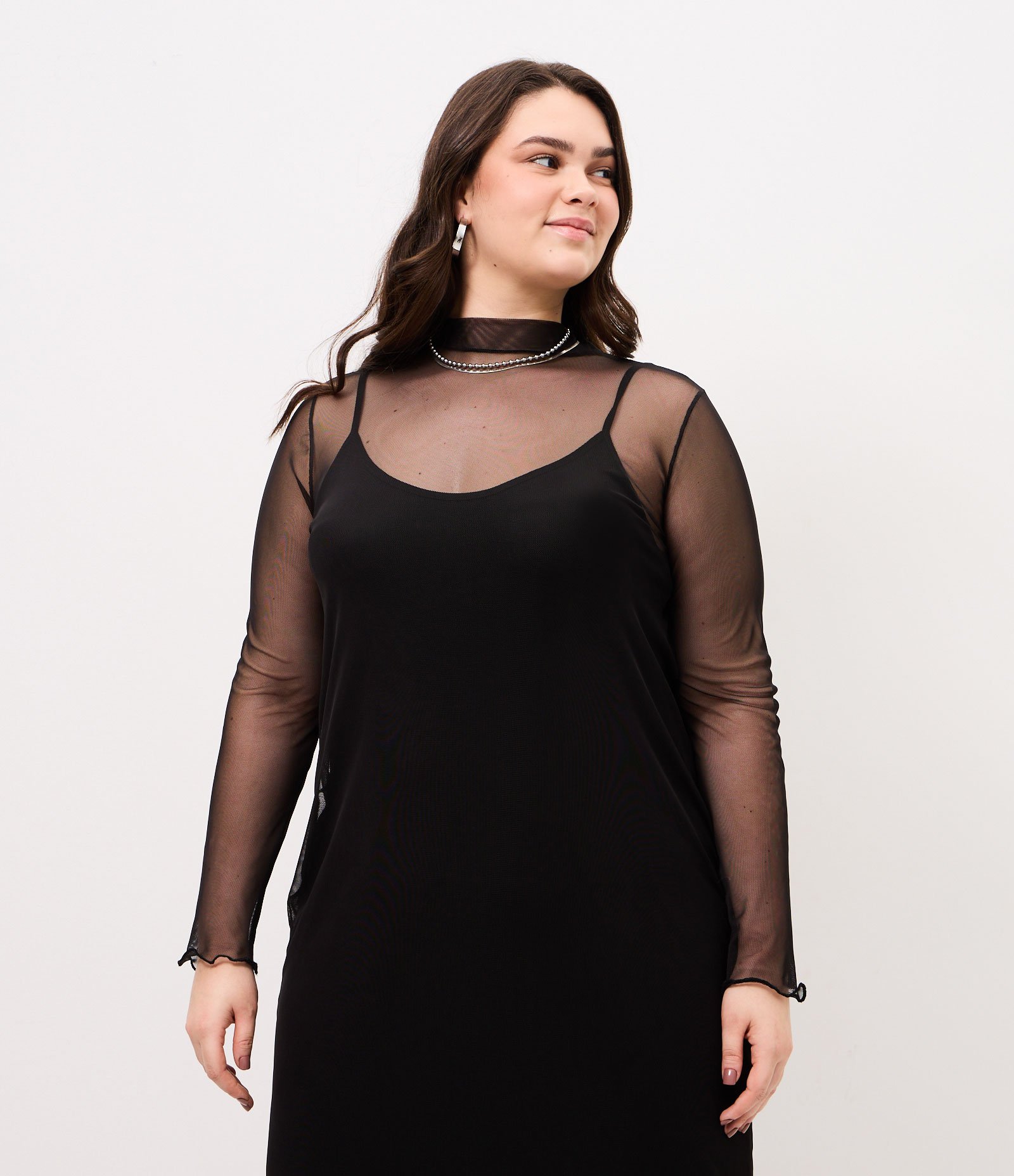 Vestido Midi em Tule com Manga Longa Curve & Plus Size Preto 4