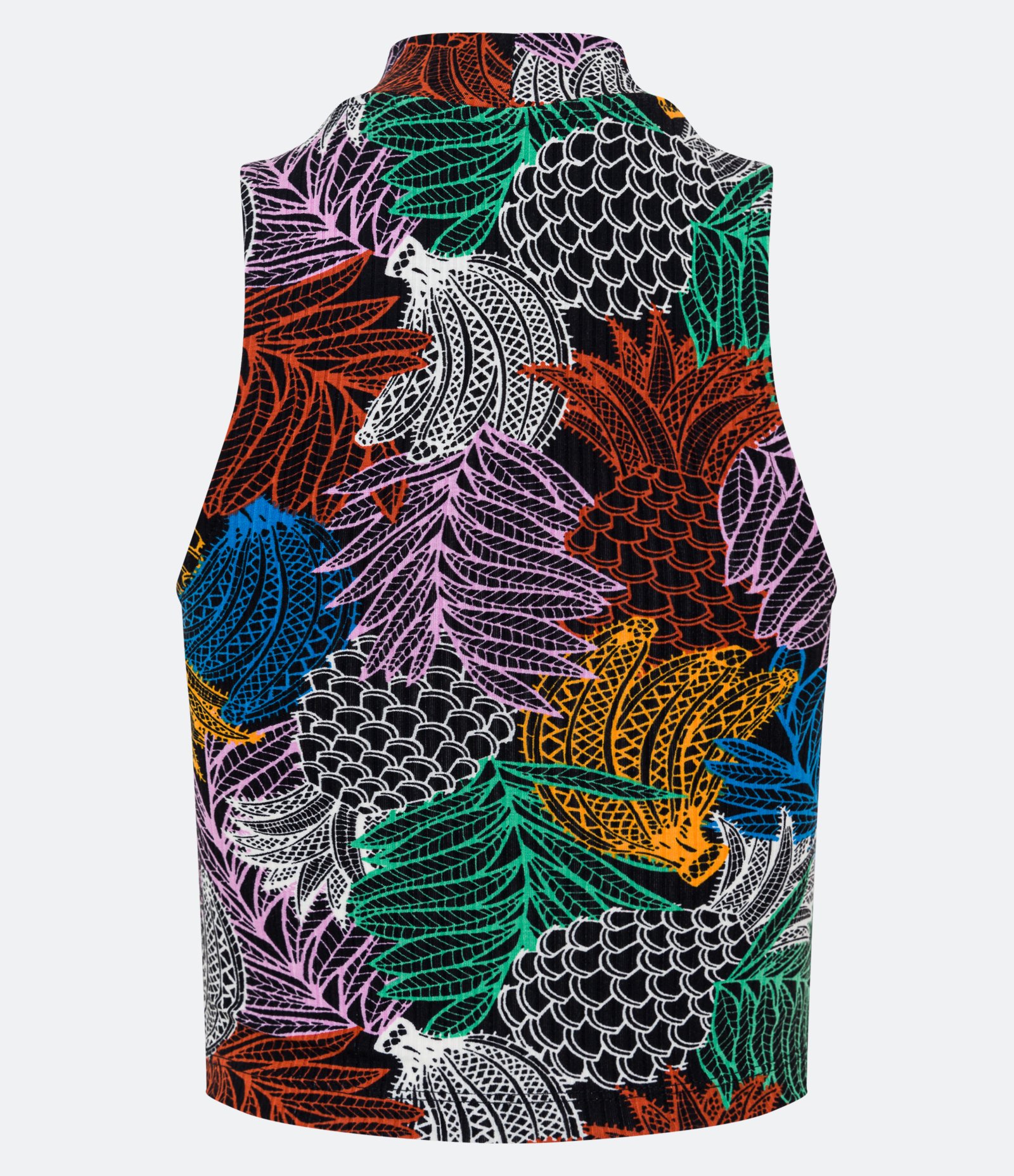 Blusa Cropped Sem Mnaga em RIbana com Estampa Tropical Colorida Multicores 3