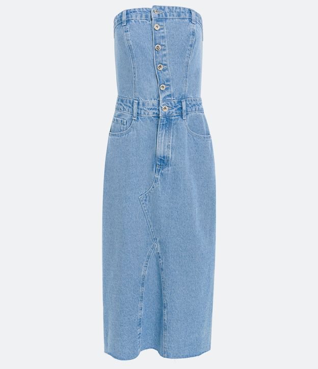 Vestido Midi Em Jeans Decote Tomara Que Caia E Fenda Azul