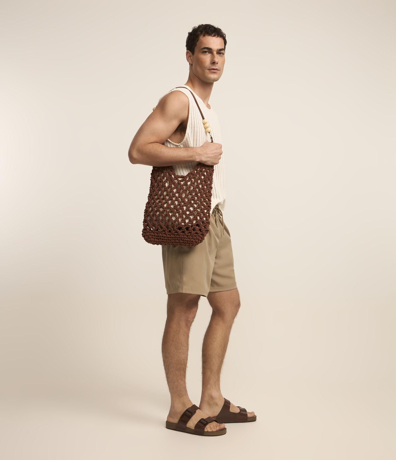 Bermuda de Banho com Cós Elástico e Bolsos Bege 5