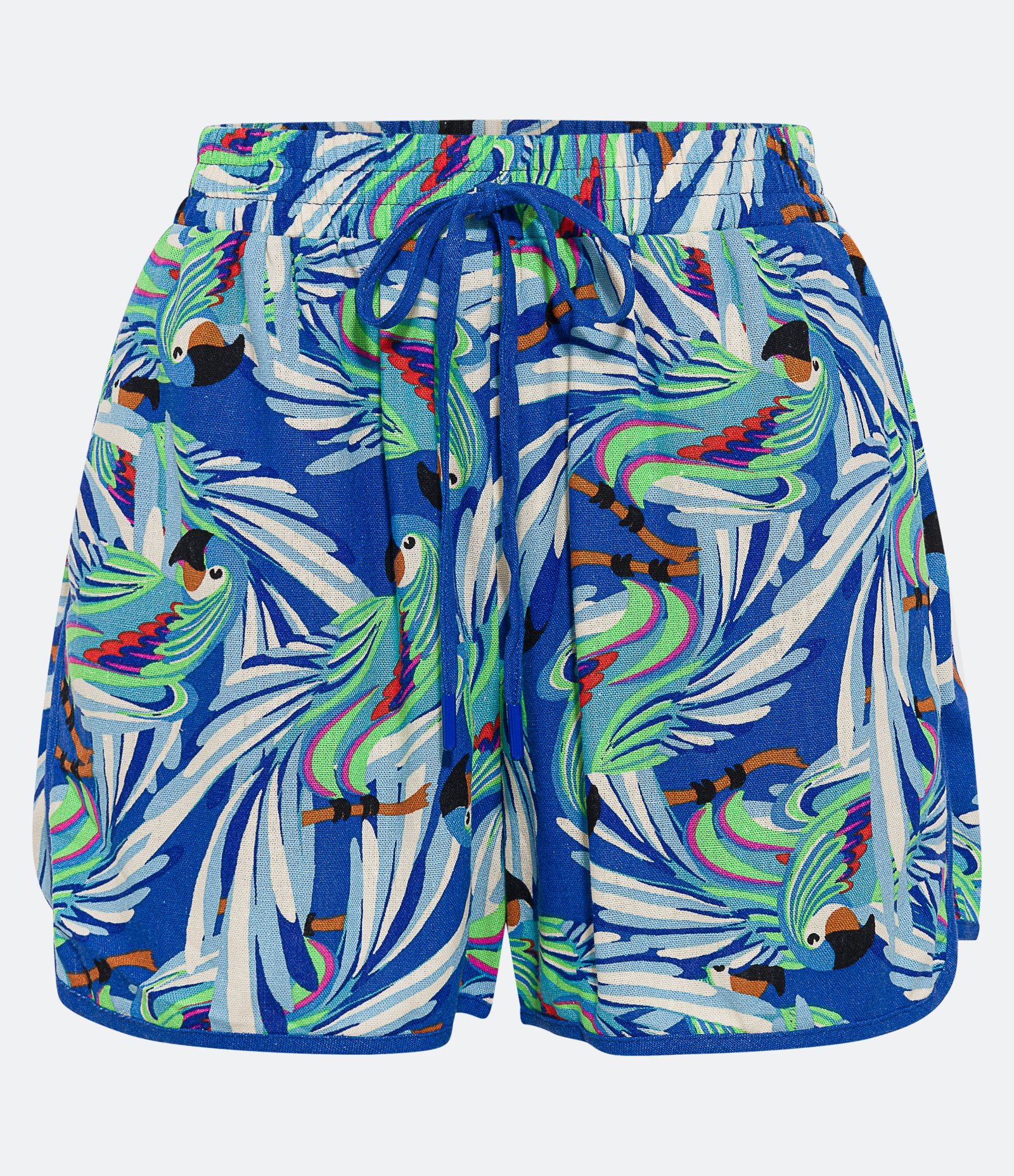 Short Runner em Linho com Cordão e Estampa de Araras Azul 1