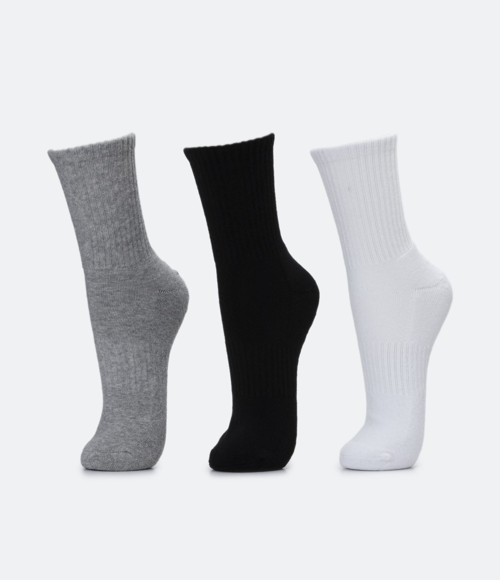Kit 03 Meias Cano Médio Esportivas com Sola Atoalhada Cinza/ Branco/ Preto 1