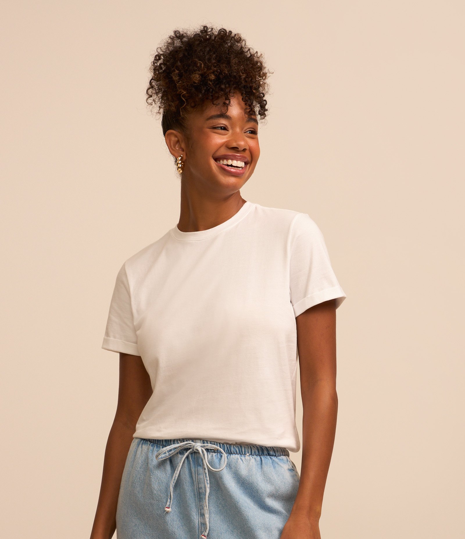 Camiseta Regular em Algodão com Manga Dobrada Branco 1