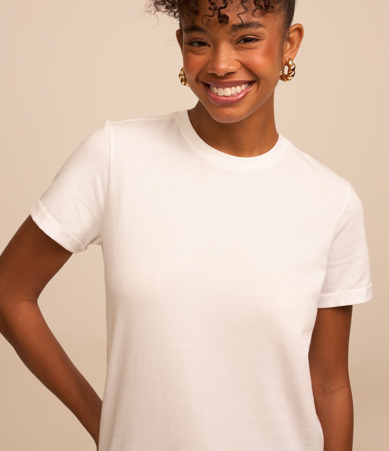 Camiseta Regular em Algodão com Manga Dobrada Branco 3