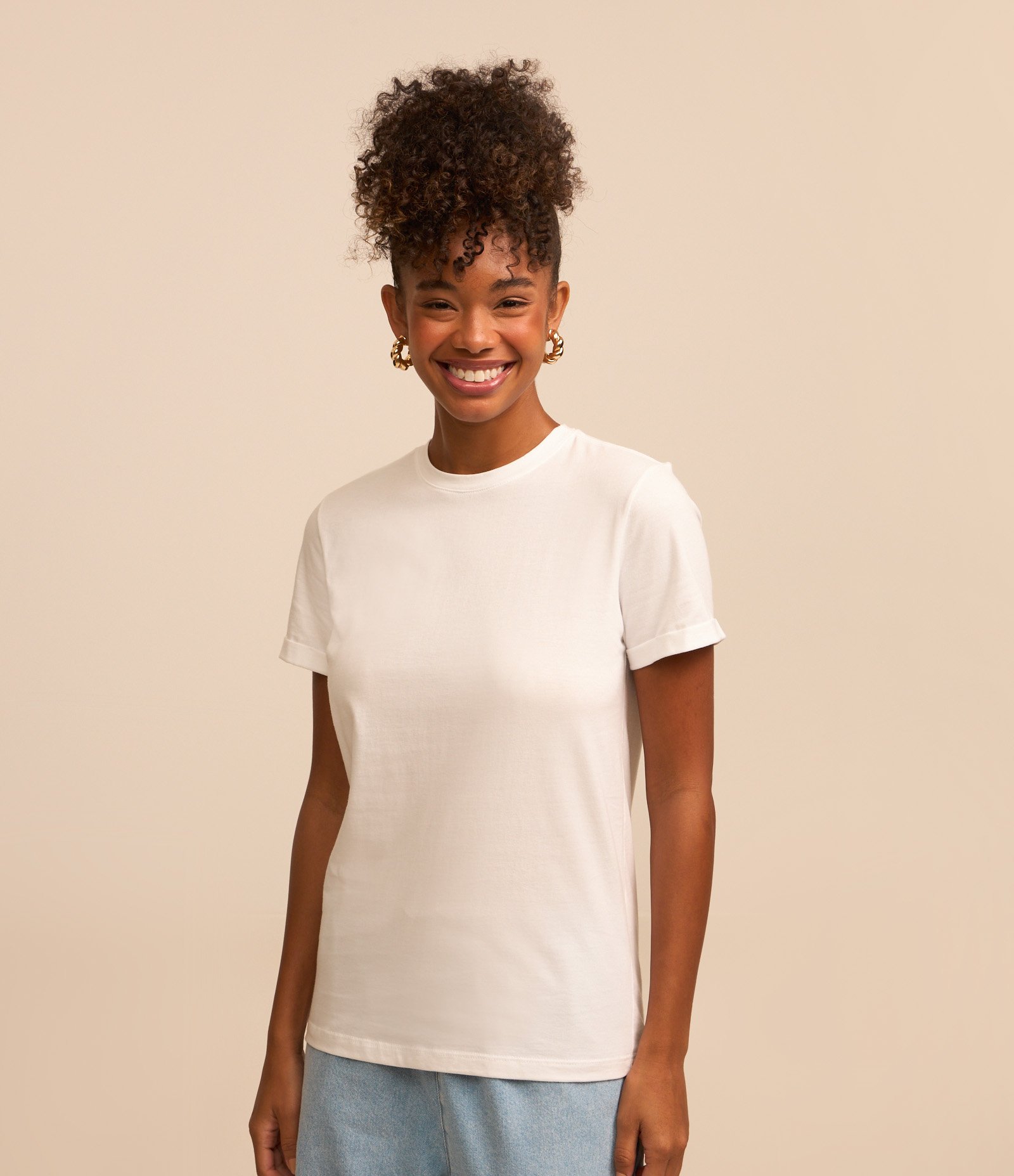 Camiseta Regular em Algodão com Manga Dobrada Branco 4