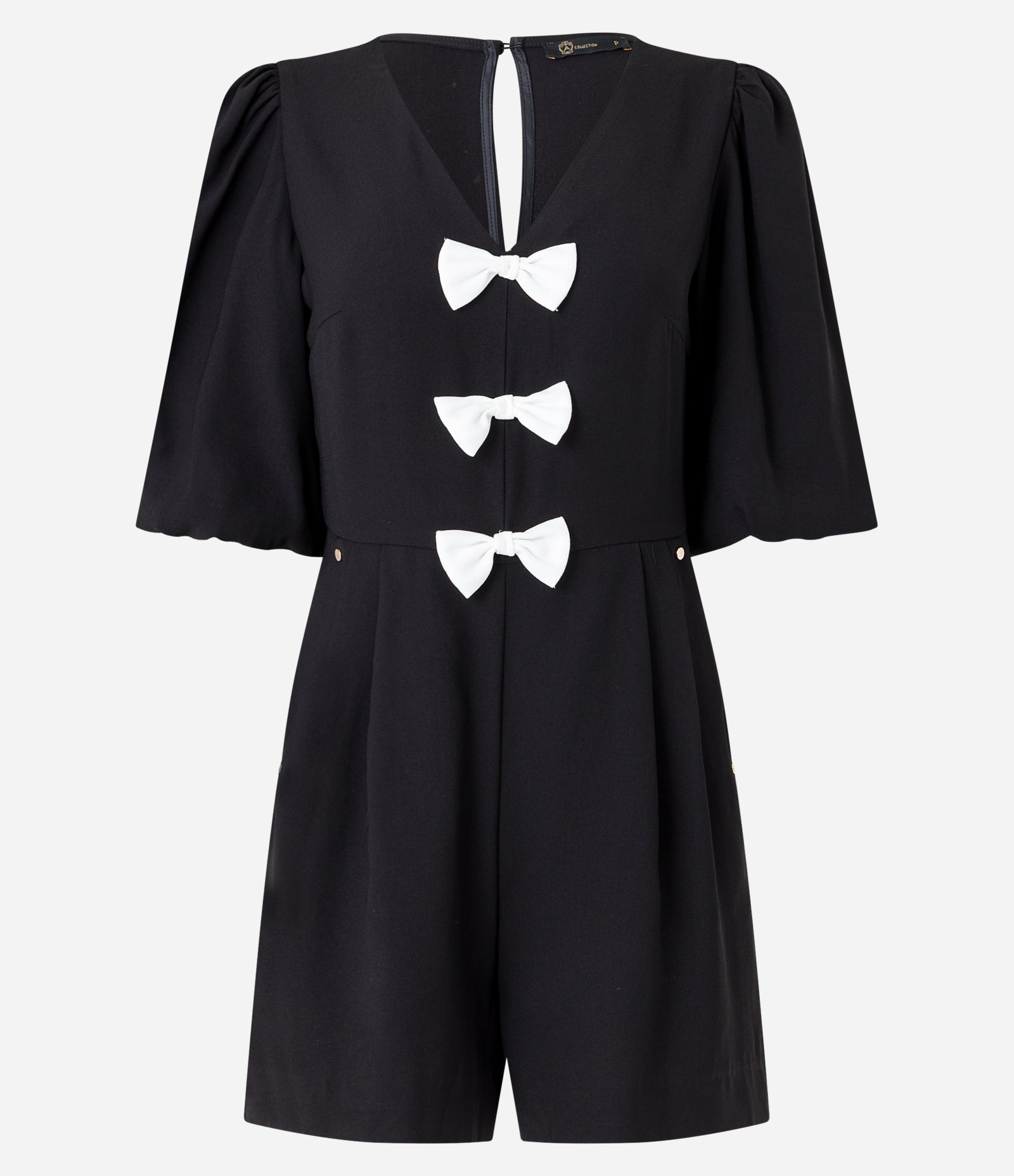 Macaquinho Manga Curta em Crepe com Laços Contrastantes Preto 7