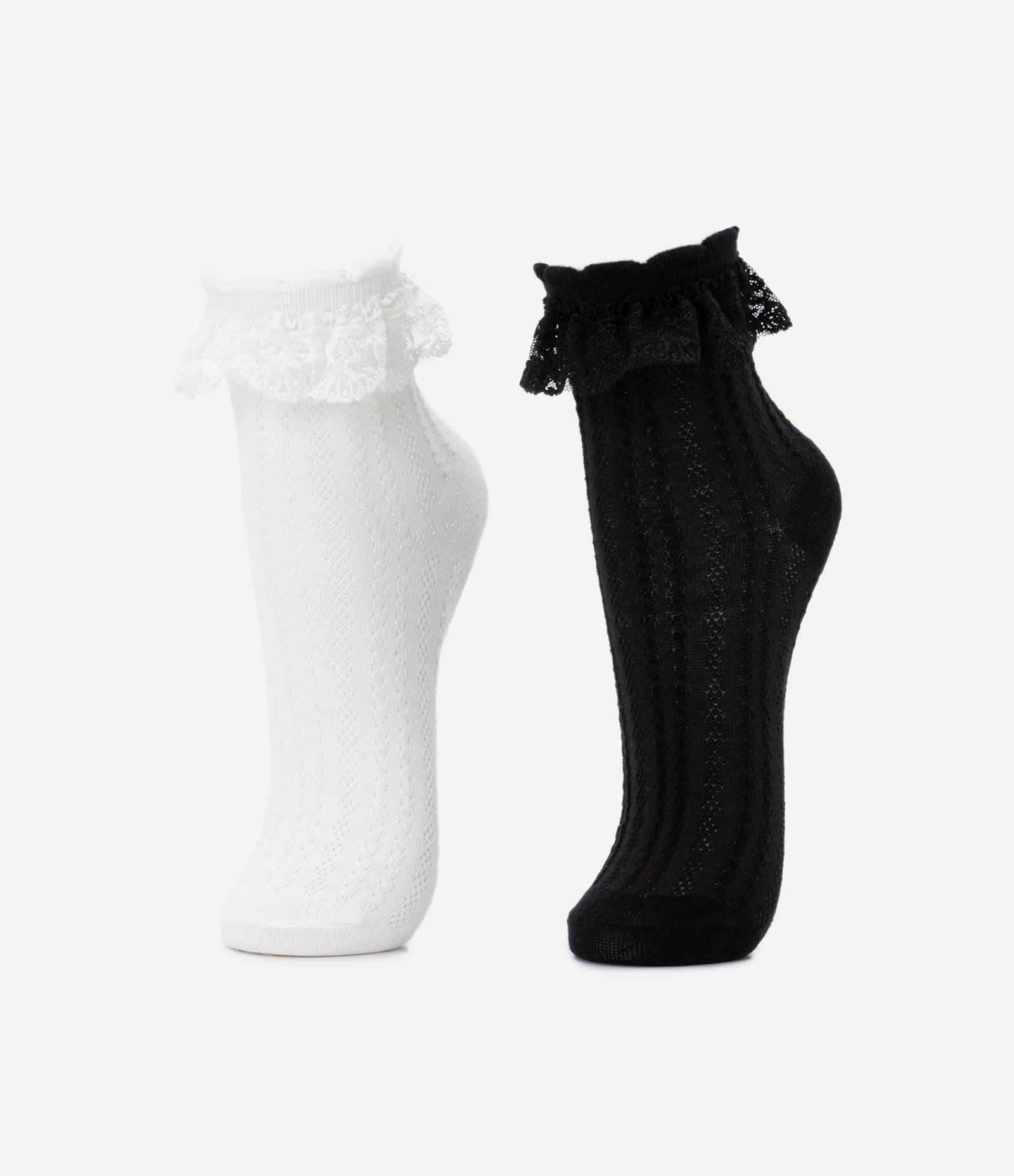 Kit 02 Meias Infantis com Babados de Renda - Tam 19 ao 34 Preto/Branco 1