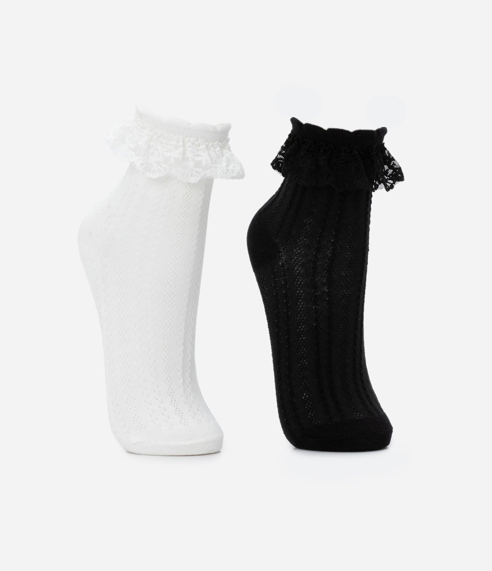 Kit 02 Meias Infantis com Babados de Renda - Tam 19 ao 34 Preto/Branco 2