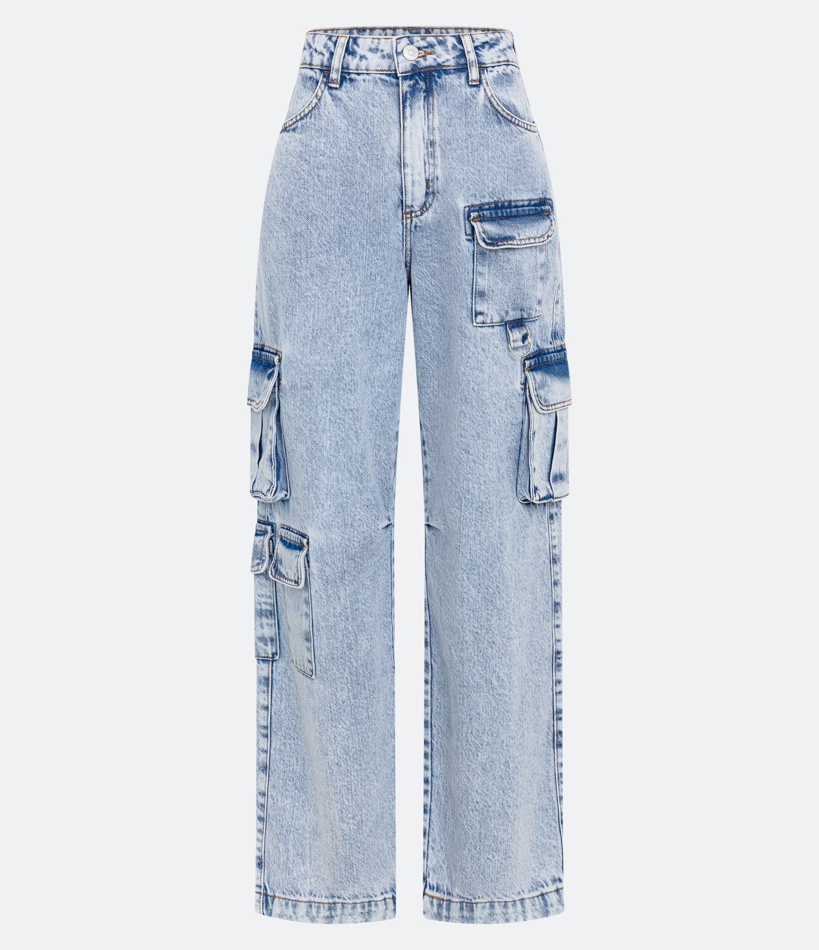 Calça Reta em Jeans com Bolsos Cargo e Meia Argola em Metal Azul 5