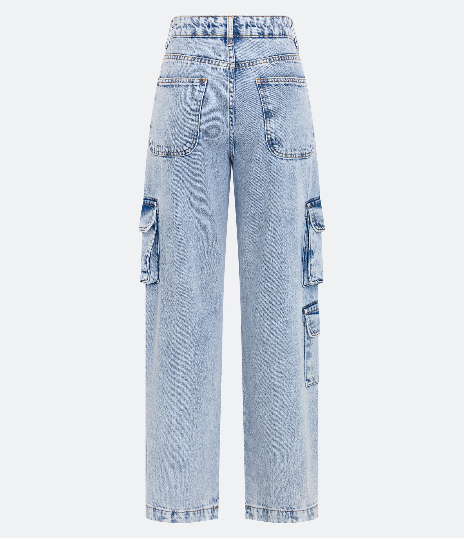 Calça Reta em Jeans com Bolsos Cargo e Meia Argola em Metal Azul 6