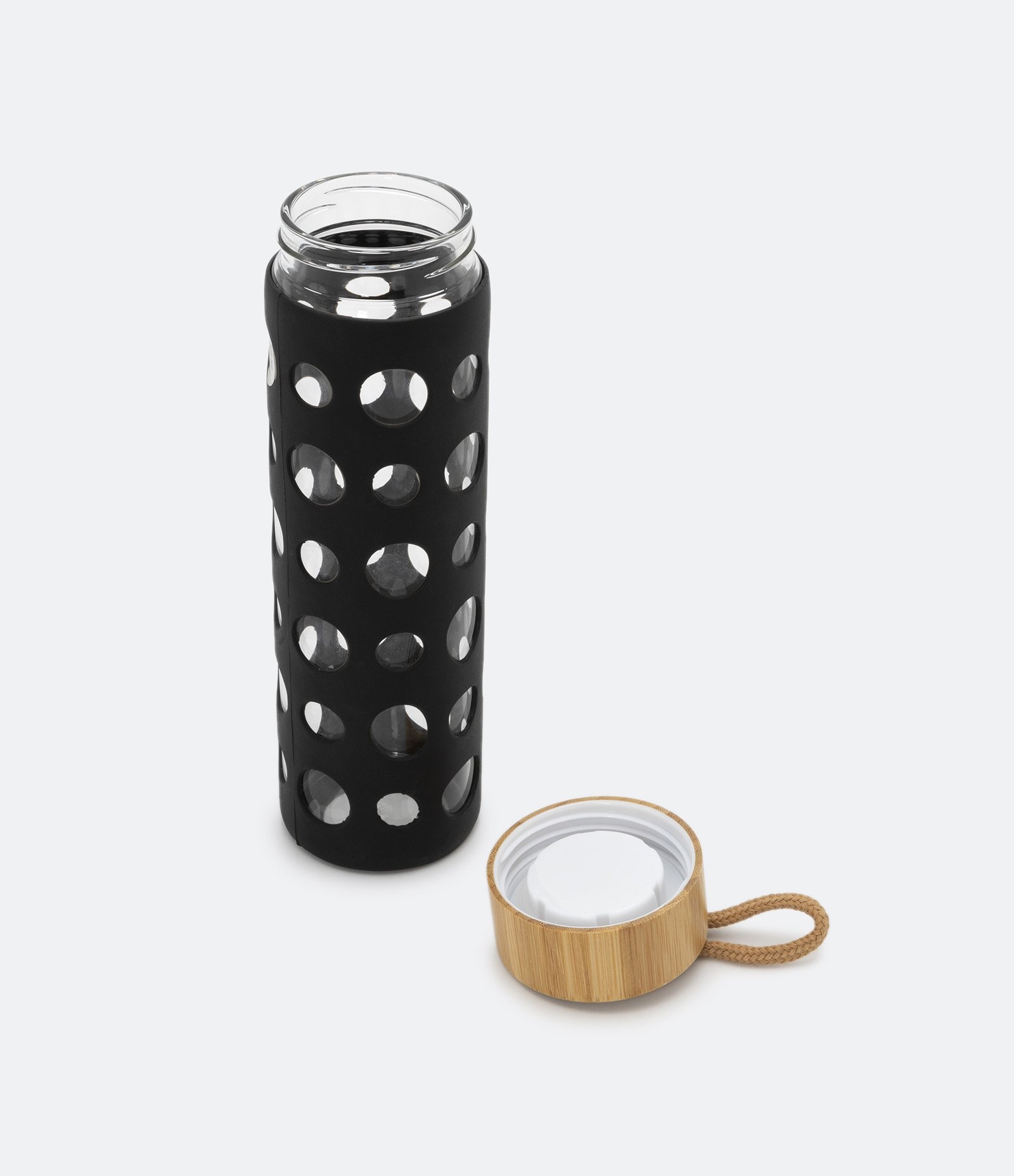 Garrafa de Vidro com Capa Emborrachada Furadinha e Tampa de Madeira 550ml Preto 4