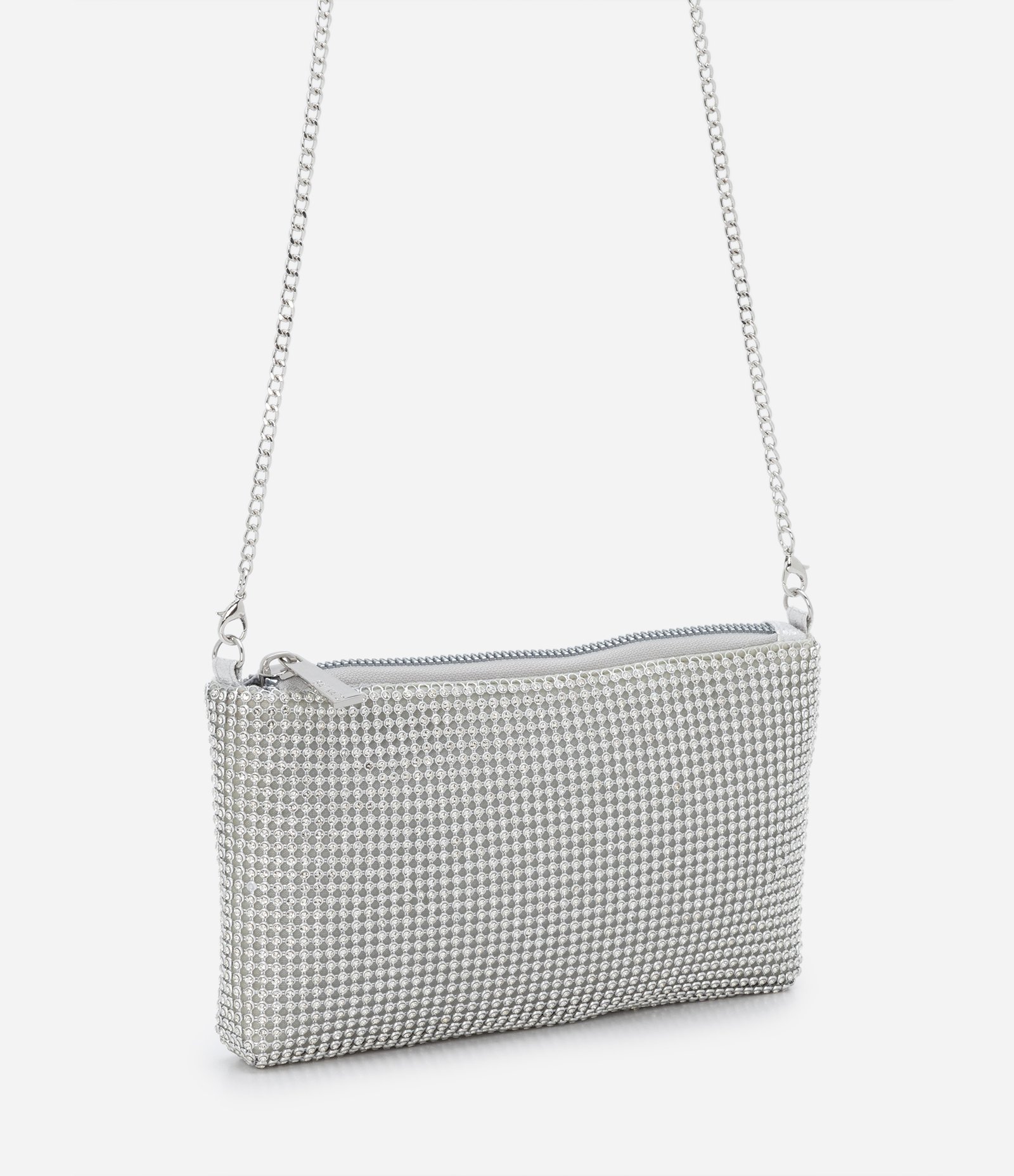 Bolsa Transversal com Alça Corrente e Detalhes em Strass Prata 1