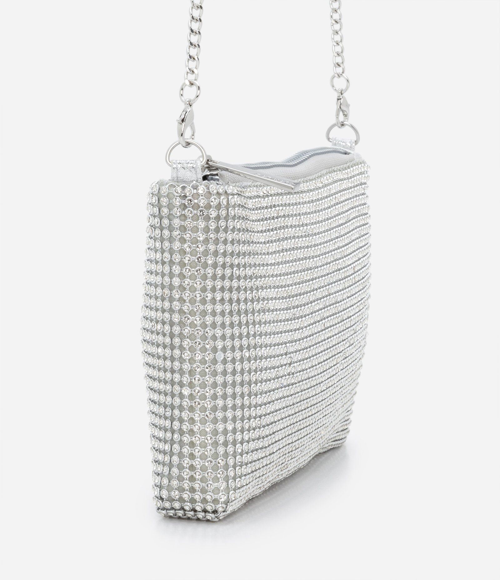 Bolsa Transversal com Alça Corrente e Detalhes em Strass Prata 2