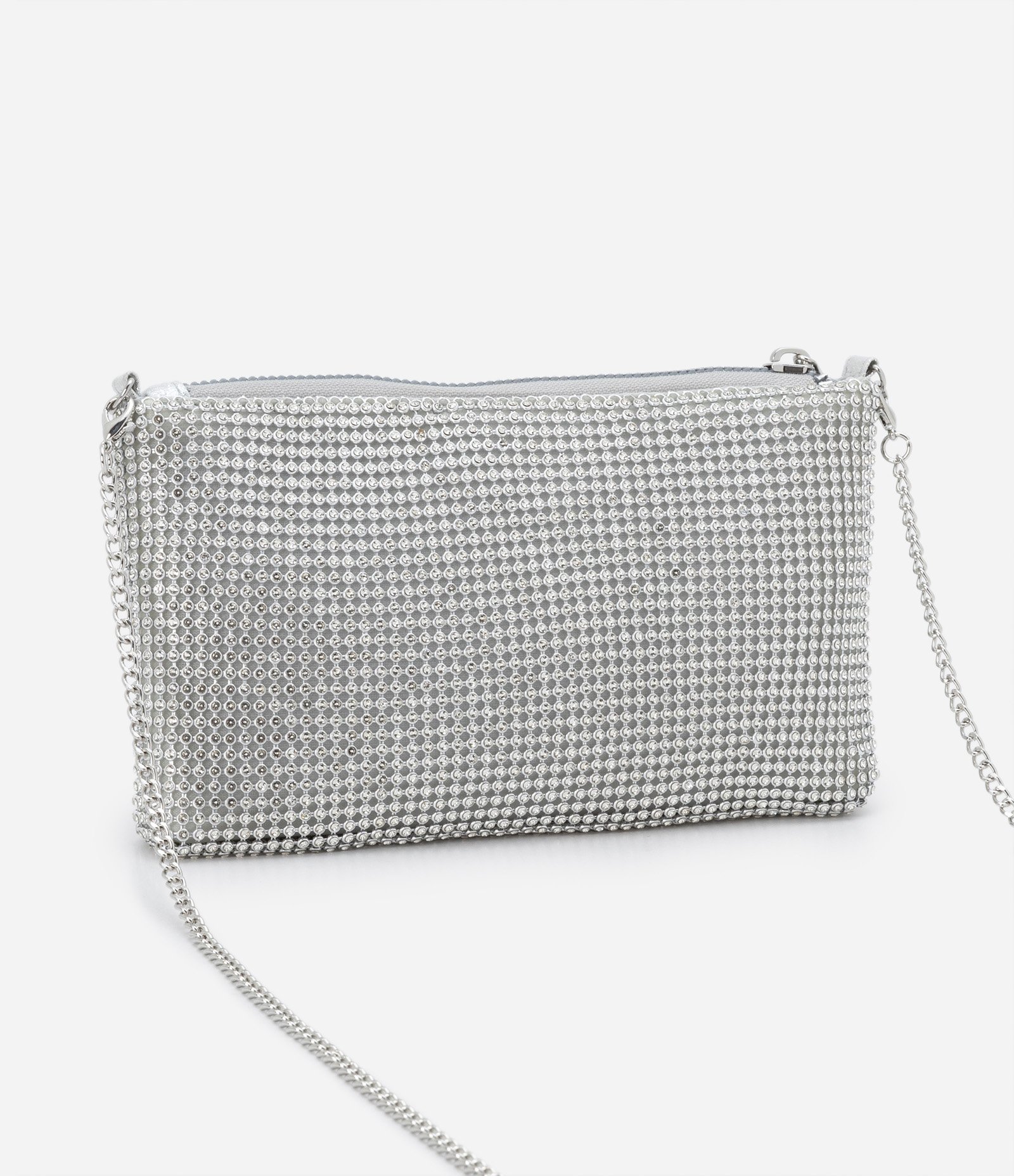 Bolsa Transversal com Alça Corrente e Detalhes em Strass Prata 3