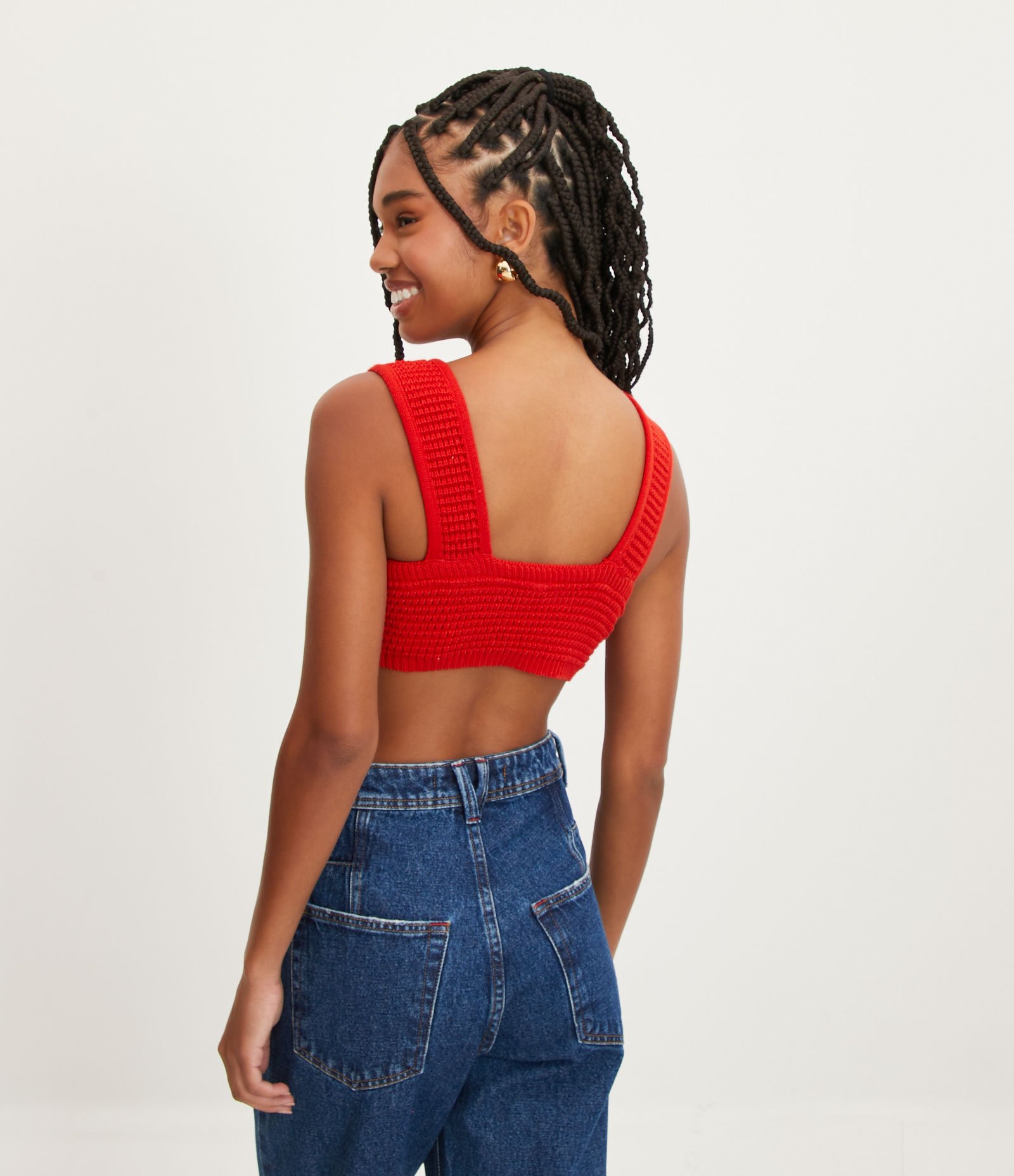 Top de Alça Larga em Tricô Vazado com Argola no Busto Vermelho 3
